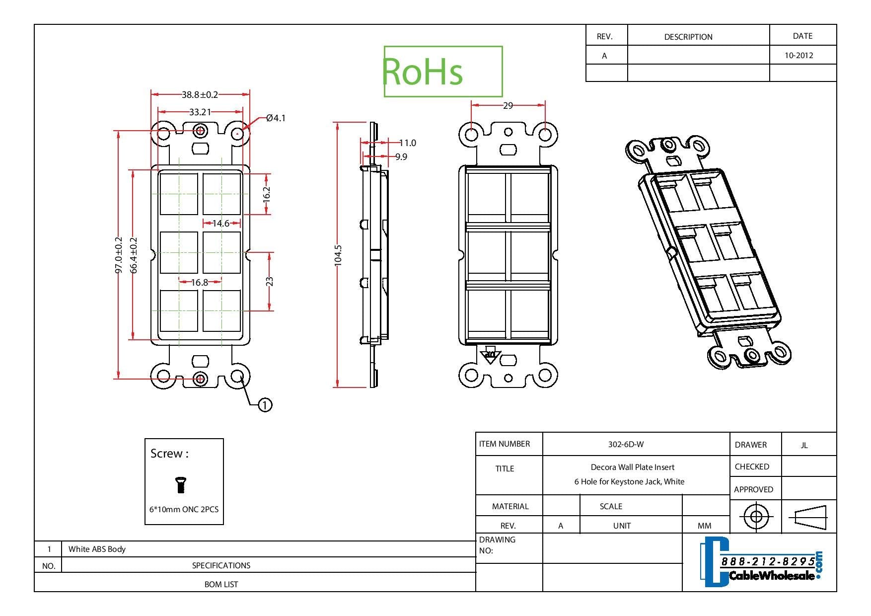 Decora Wall Plate Insert, 6 Hole Keystone Jack, White