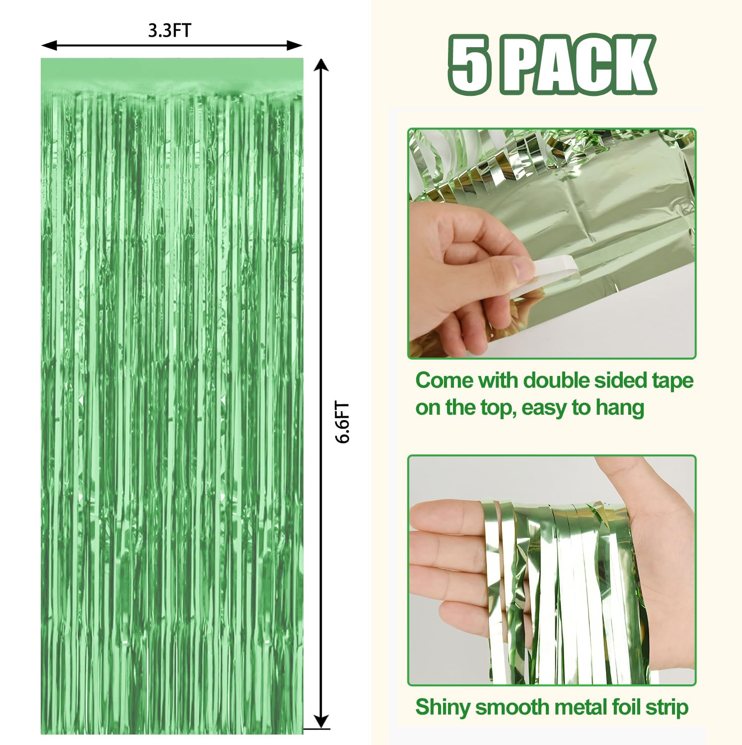 5 Pack Light Green Metallic Tinsel Foil Fringe Curtains Party Photo Backdrop Party Streamers For Birthday,Graduation,New Year Ev