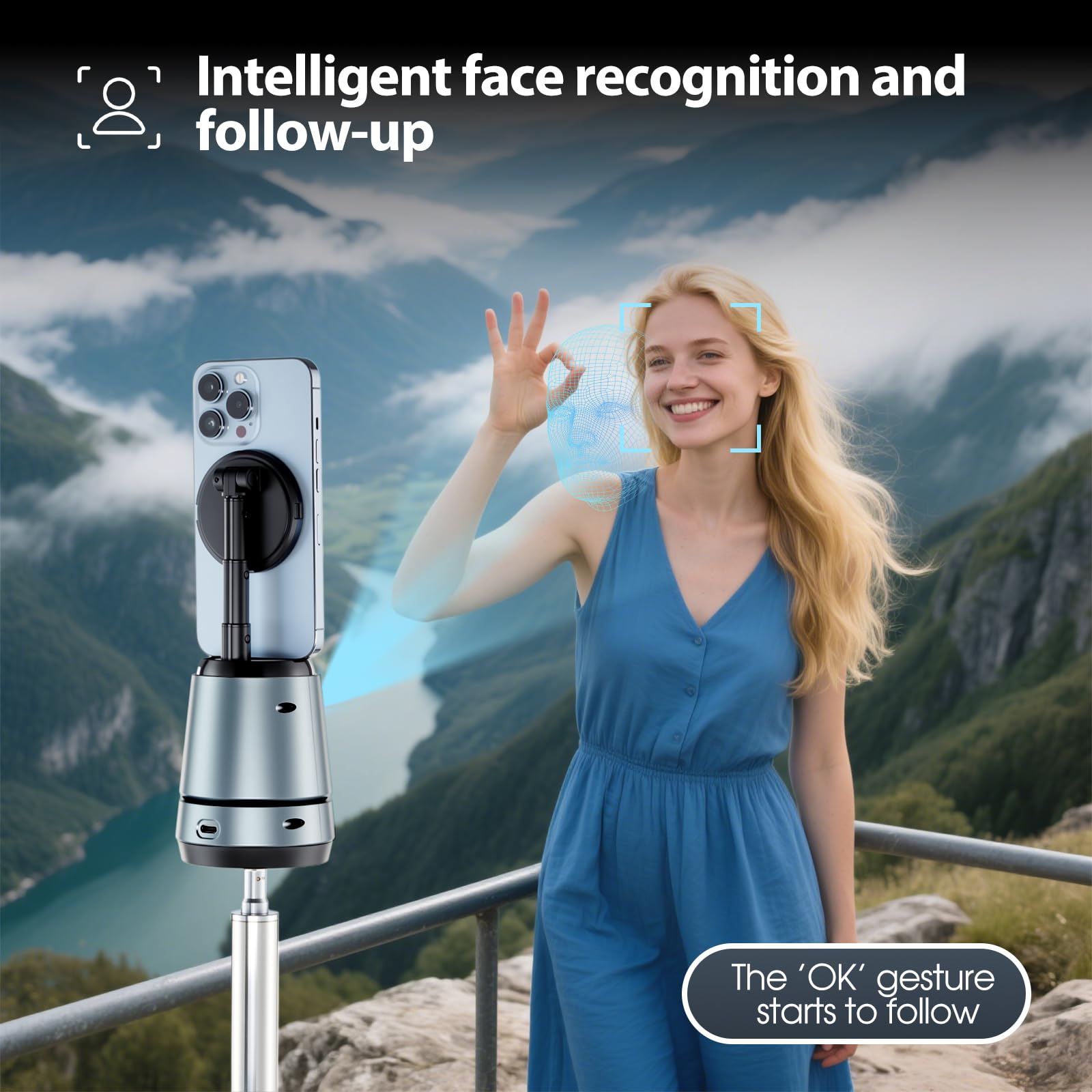 Auto Face Tracking Tripod & Wireless Charger,360 Rotating Cell Phone Photo Video Kits,No App, Gesture Control, Rechargeable Smar