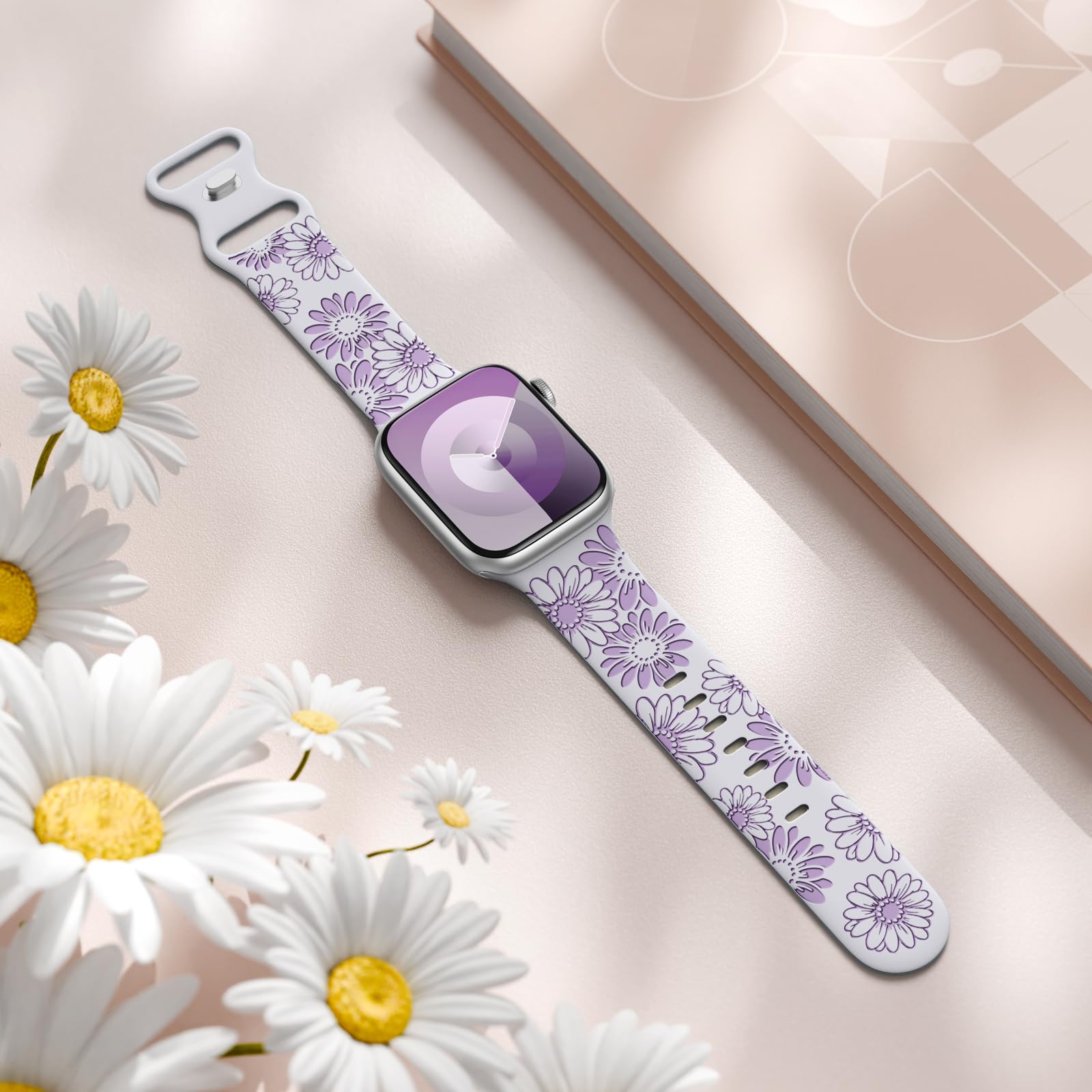 Daqin Floral Engraved Band Compatible With Apple Watch Band 44Mm 45Mm 46Mm 42Mm 49Mm,Cute Flower Pattern Bands Soft Silicone Spo