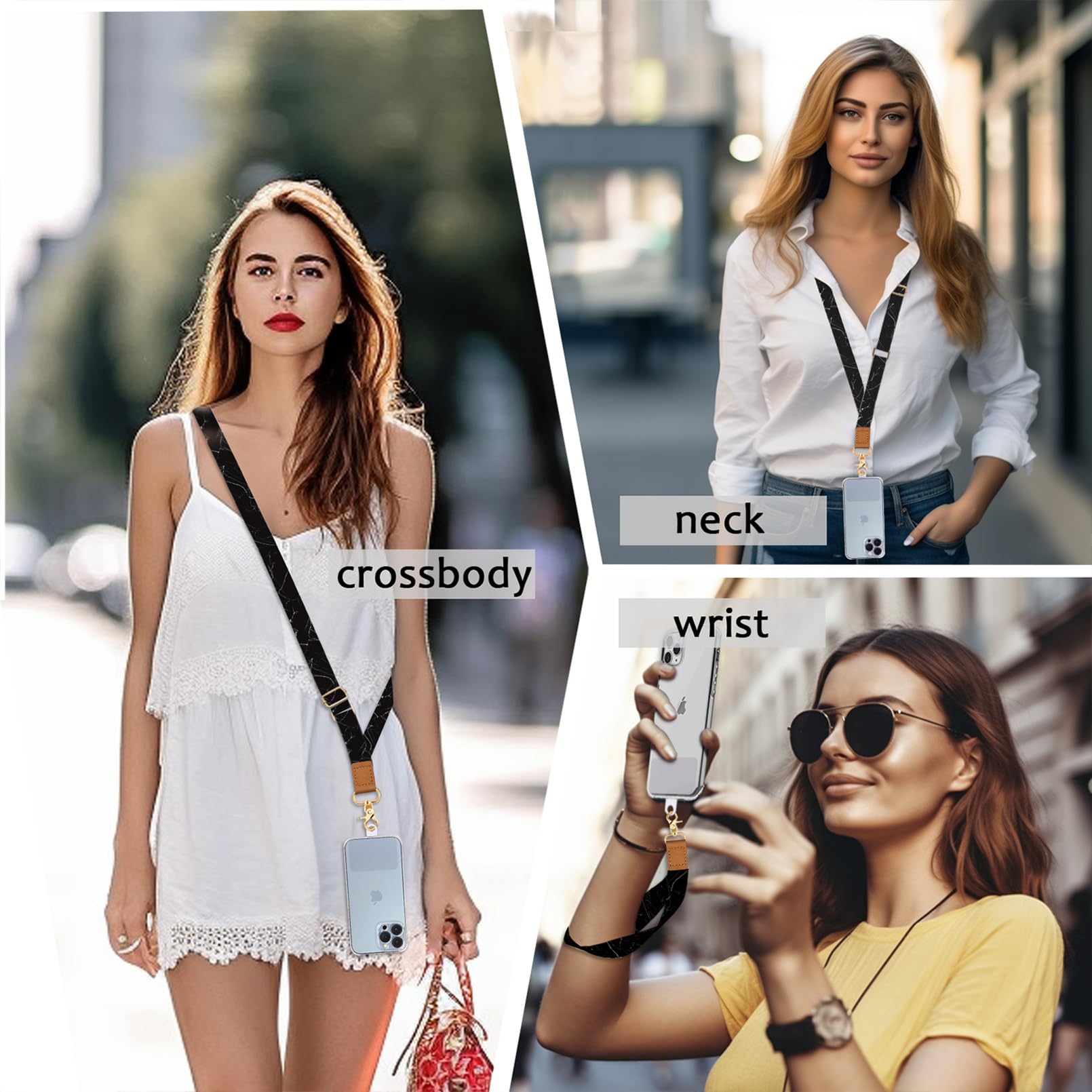 Phone Lanyard Crossbody Wrist Strap, Black Marble Adjustable Cell Phone Lanyard Wristlet Phone Strap With 2 Phone Tether Tabs, N