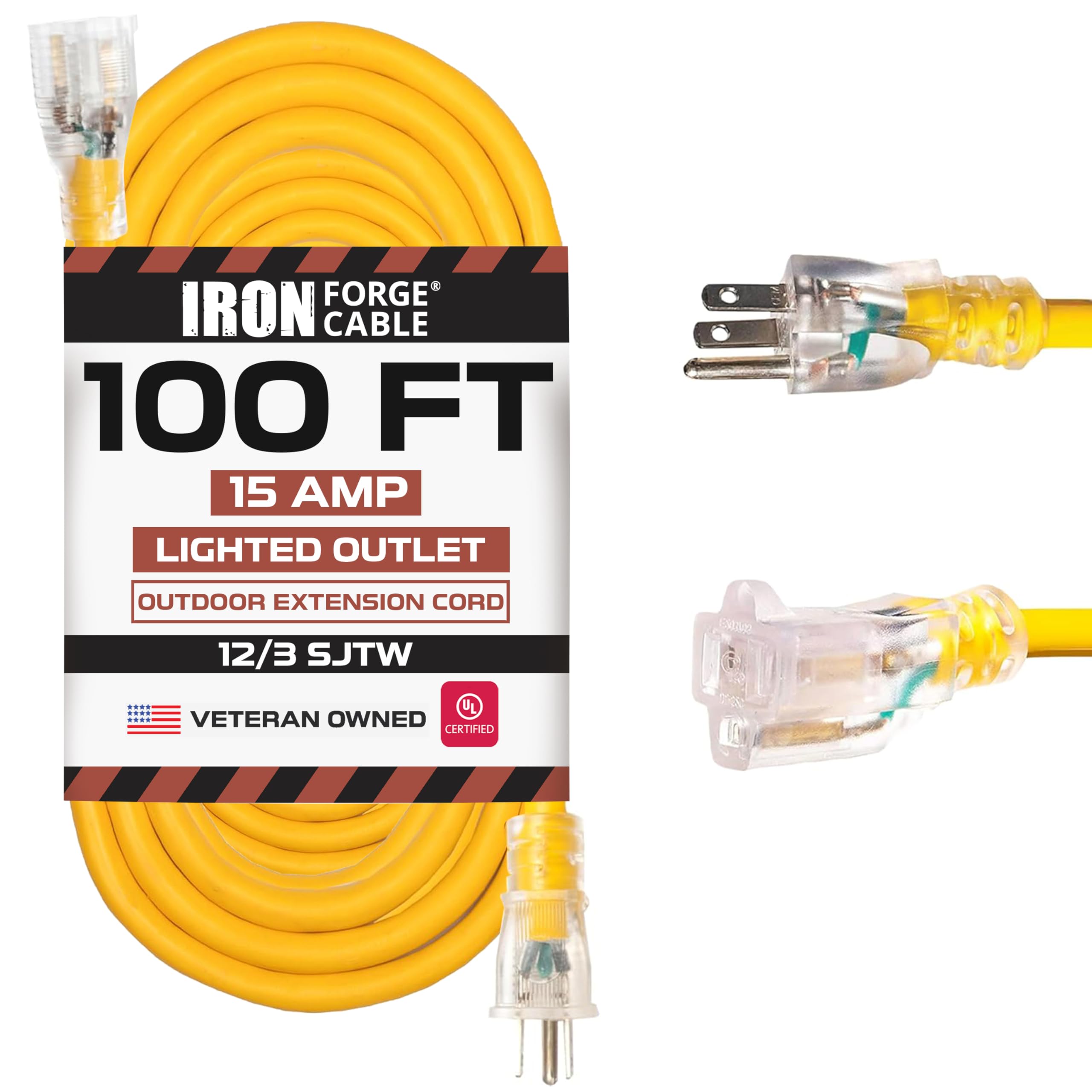 IRON FORGE CABLE 100 Foot Outdoor Extension Cord - 12/3 SJTW Heavy Duty Yellow 3 Prong Extension Cable, 15 AMP - Great for Garde