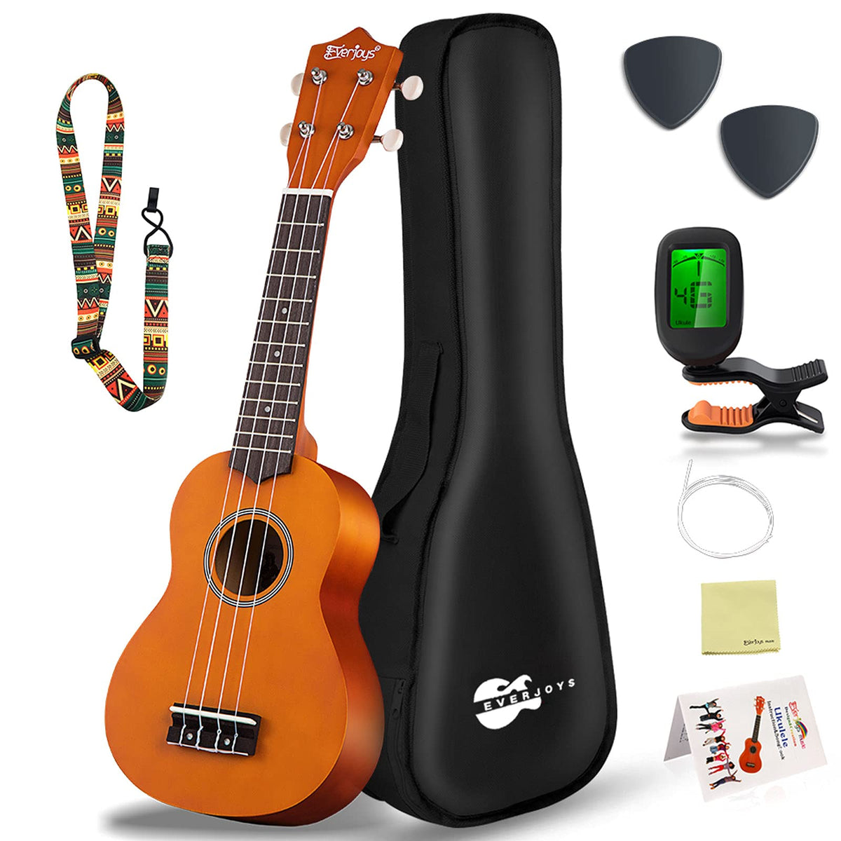 Everjoys Soprano Ukulele Beginner Pack-21 Inch W/Free Online Lesson Gig Bag Fast Learn Songbook Digital Tuner Pick All In One Ki