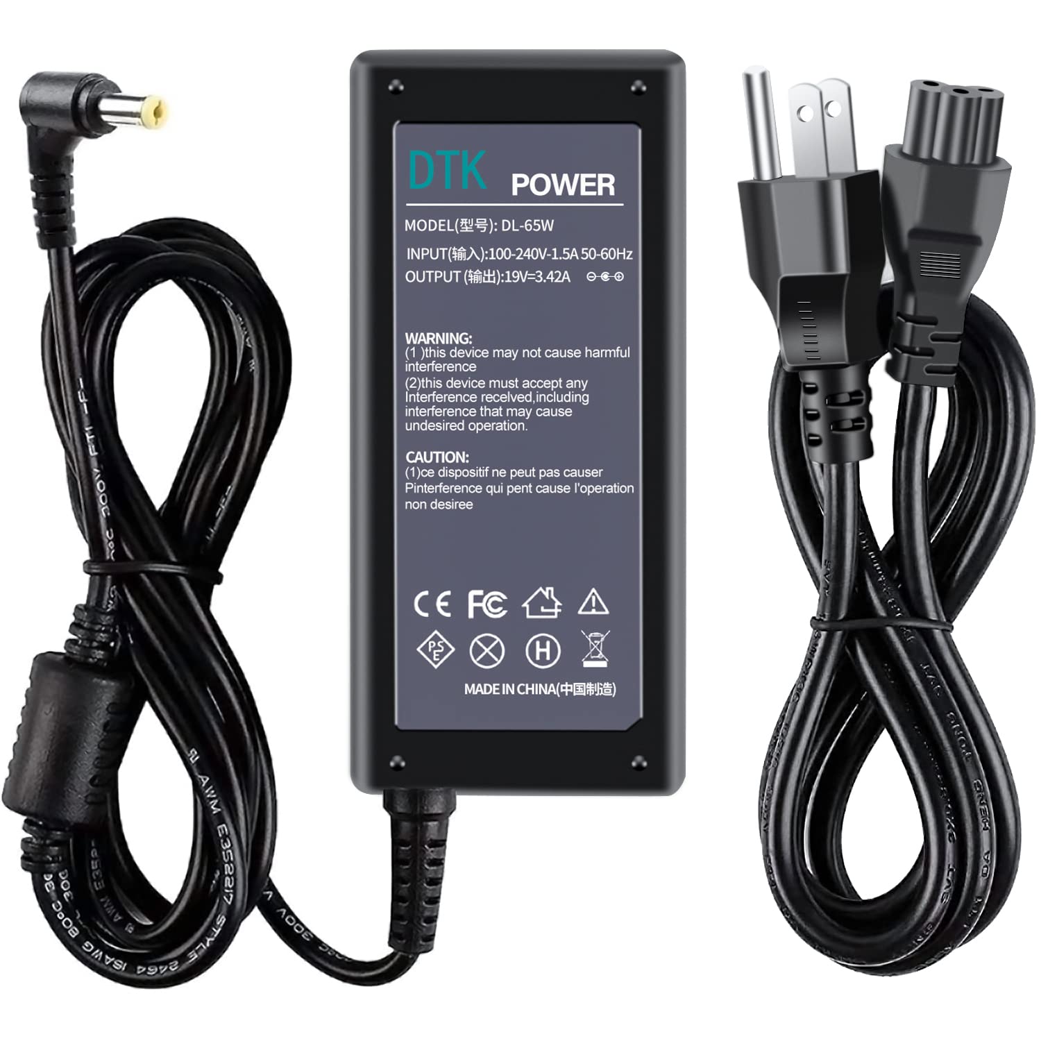 Dtk 19V 3.42A 65W Ac Adapter For Acer Laptop Computer Charger Notebook Pc Power Cord Supply Source Plug Connector Tip Size: 5.5 X 1.7Mm (Not Fit 3.0X1.1Mm)