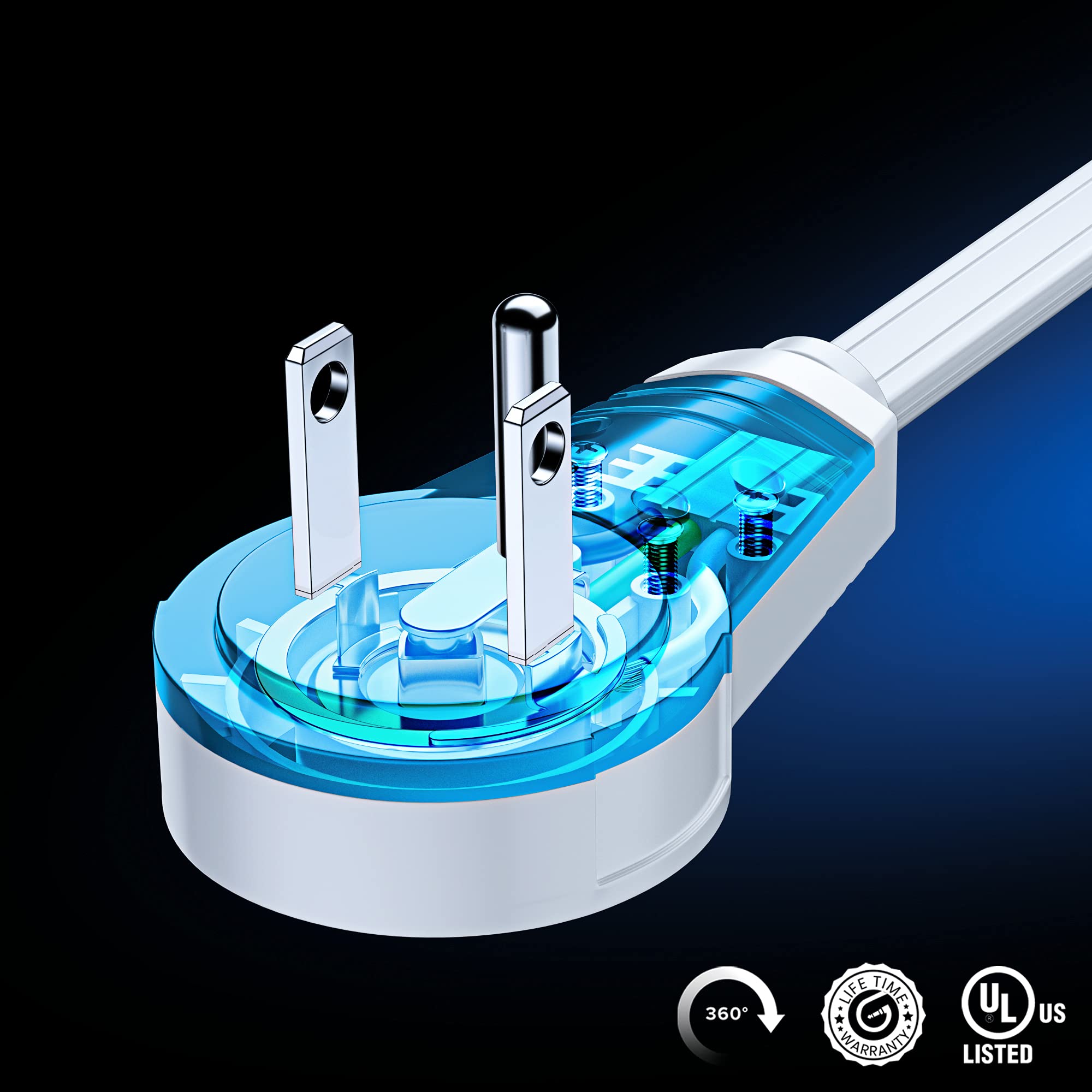 Maximm 360 Degree Rotating Flat Extension Cord 10 Ft Multi 3 Outlet Power Cord Grounded 16 Awg Ul Certified, White