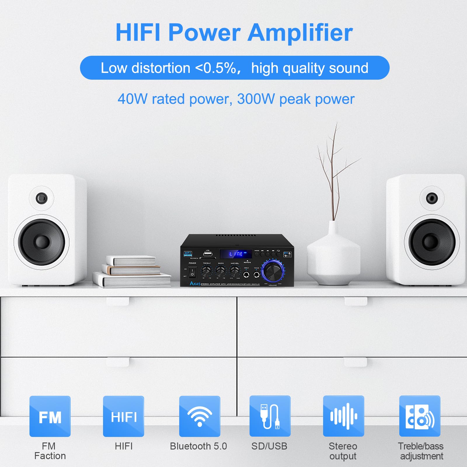 Audio Amplifier Receivers Ak45 Bluetooth 5.0 Hifi Stereo Mini Power Amplifier Rms 40W X 2 Max. 400W 2.0 Channel Home Theater Aud