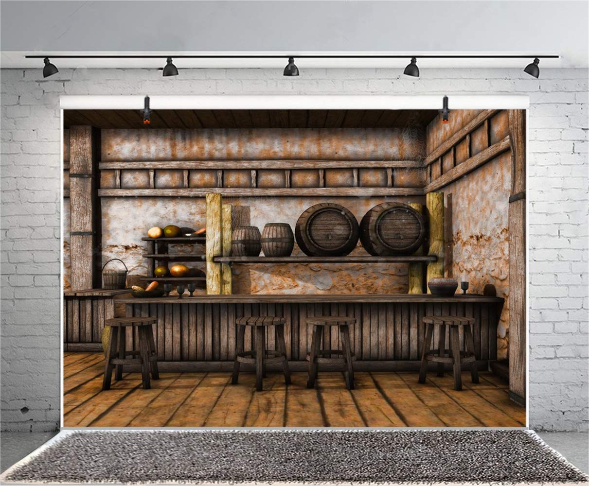 Laeacco 7X5Ft Shabby Saloon Tavern Interior Vinyl Photography Background Rustic Old Wall Wooden Bar Counter Tables Chairs Backdr