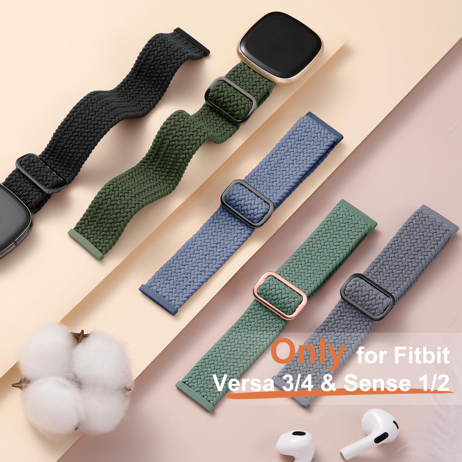 Maledan Compatible For Fitbit Sense/Sense 2/ Versa 3/ Versa 4 Bands Women Men, Adjustable Stretchy Solo Loop Elastic Nylon Sport