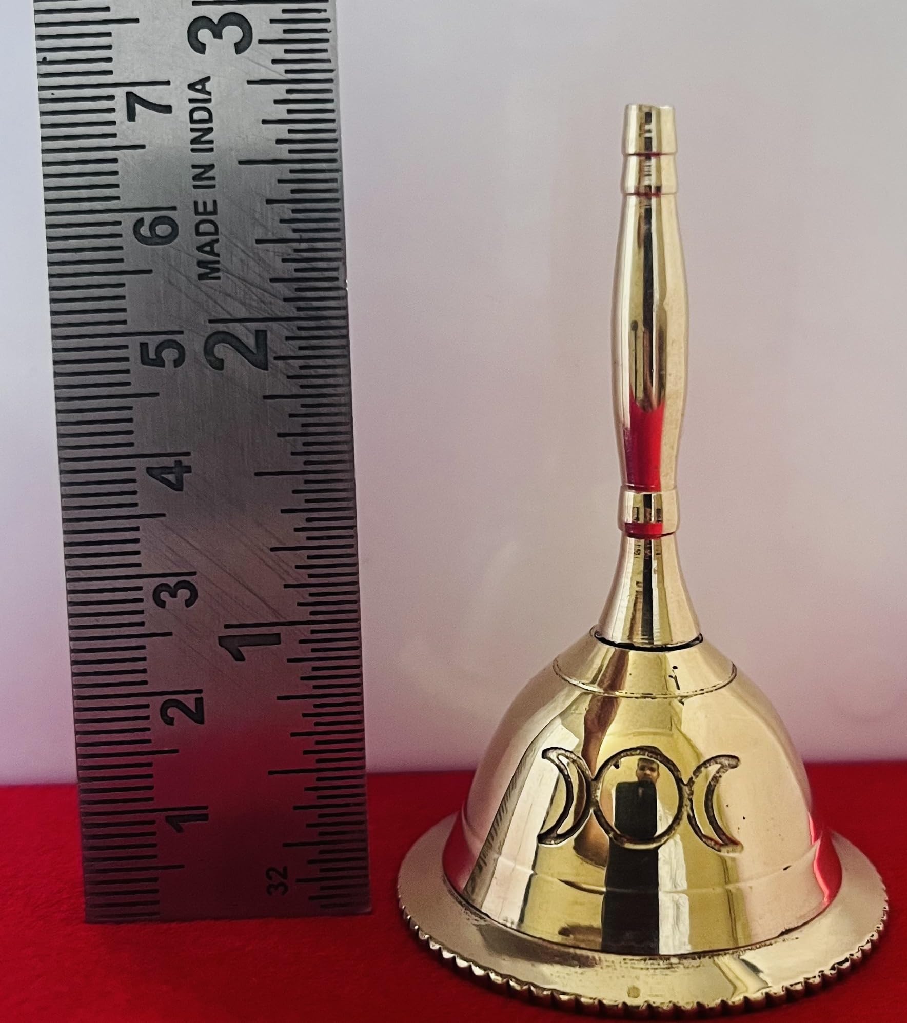 Indian Consigners Hand Bell Loud Brass Call Bells 3 Inches Altar Pendulam Use (Triple Moon Gold)