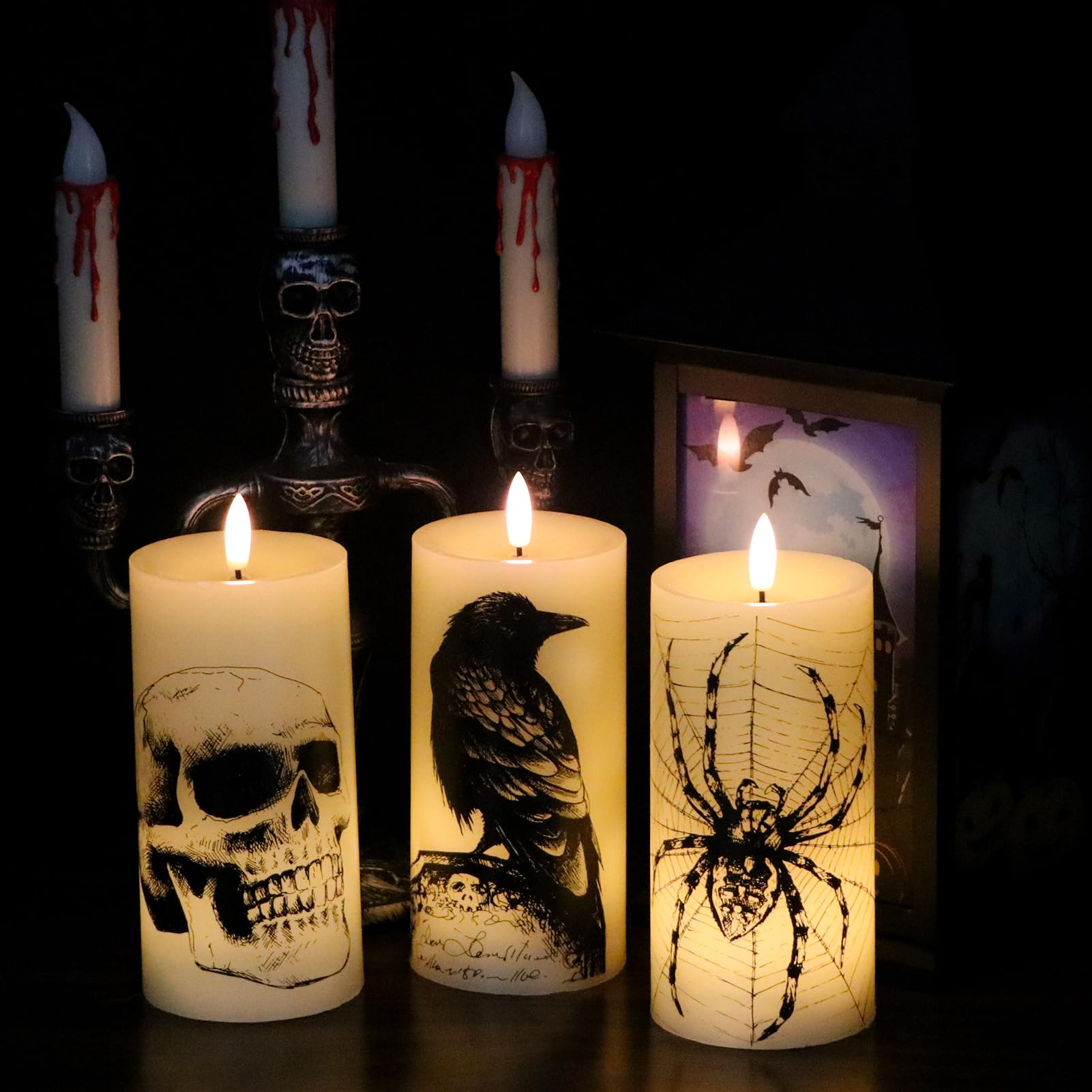 Lasumora Halloween Flameless Pillar Candles With Remote Timer   Skull, Spider Web, Crow Raven Decals Set Of 3, Battery Operated