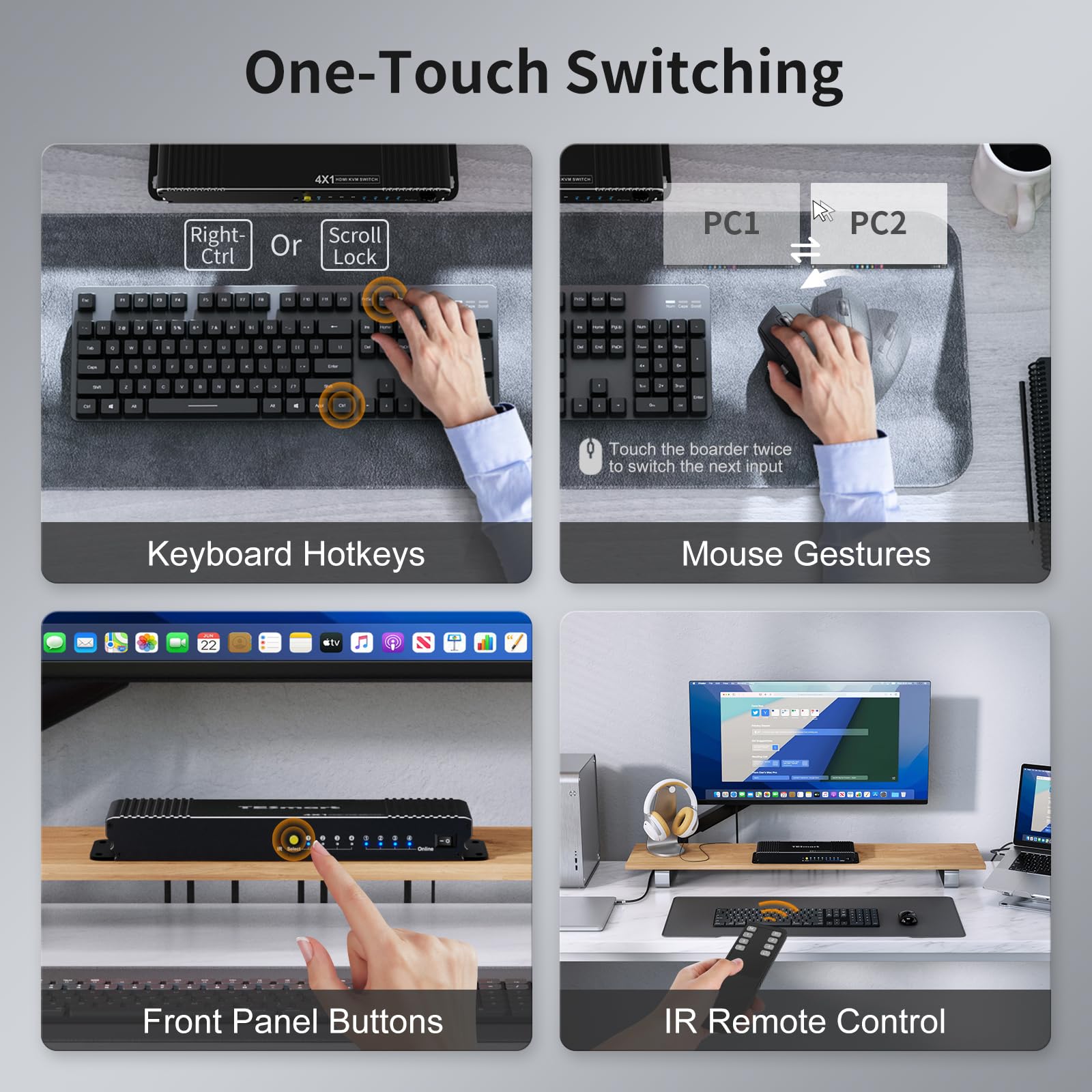 Tesmart Hdmi Kvm Switch 4 Port 4K@60Hz Ultra Hd 4X1 With 4 Pcs 5Ft Kvm Cables Supports Keyboard & Mouse Pass Through Usb 2.0 Dev