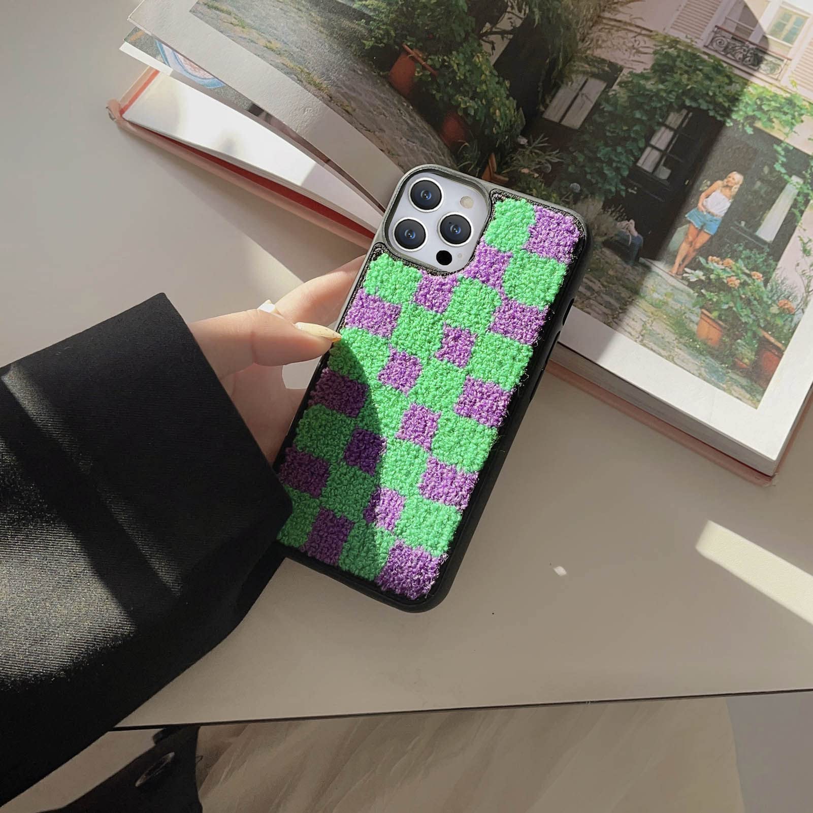 Tewwsdi Checkered Fluffy iPhone 13 Pro Max Case, TPU Terry Velvet Protective Cover, Green Lattice
