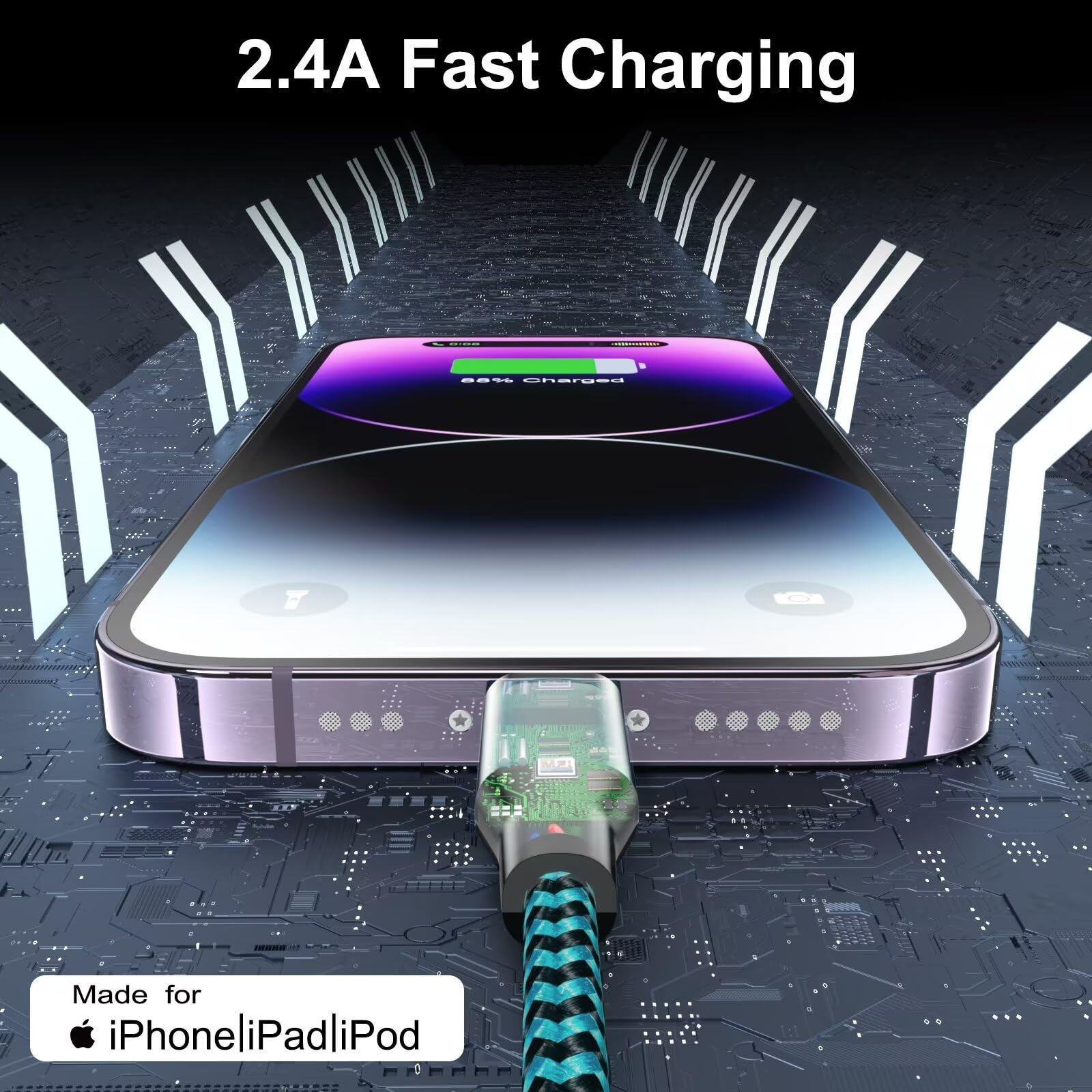 3 Pack 3Ft Iphone Charger, Apple Mfi Certified Iphone Charger Fast Charging Usb To Lightning Cable Nylon Braided Iphone Charger