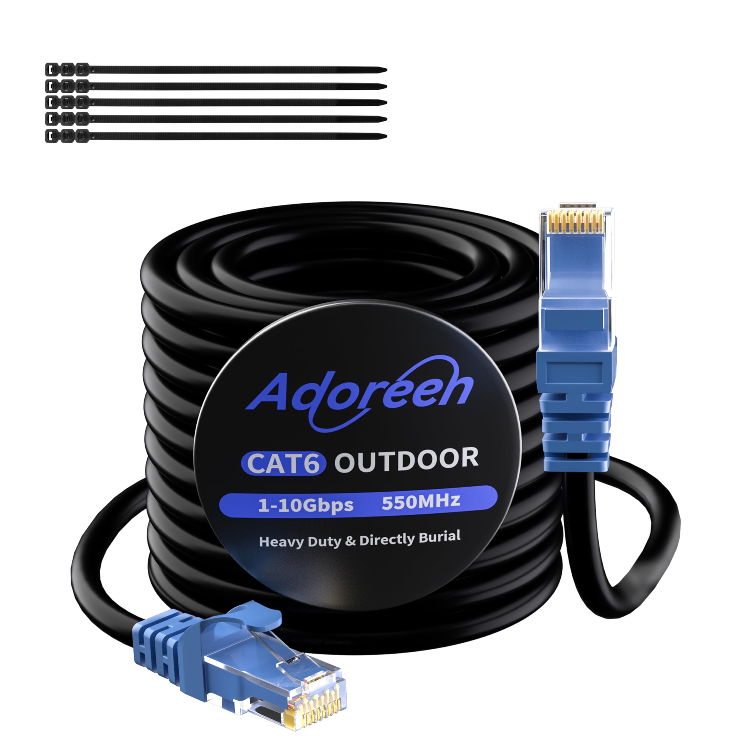 Adoreen Cat 6 Outdoor Ethernet Cable 100 Ft Black, High Speed Heavy Duty Long Internet Network Cable For Poe Camera Cat 5 5E Rj45 Lan Patch Cable Cord, Sturdy Waterproof Direct Burial+25 Ties