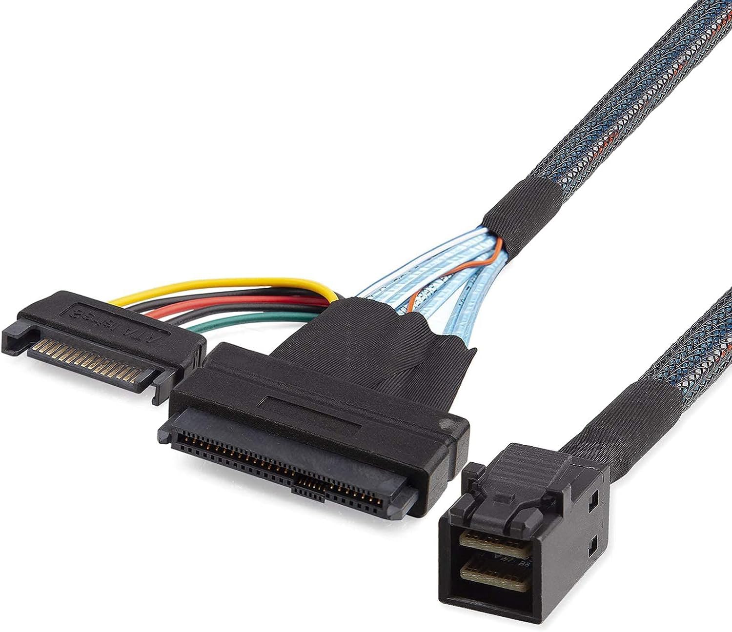 H!Fiber.Com 12G Internal Mini Sas Hd Sff 8643 To U.2 Sff 8639 Nvme Ssd Cable With 15 Pin Male Sata Power Connector, Pcie 4.0, 12