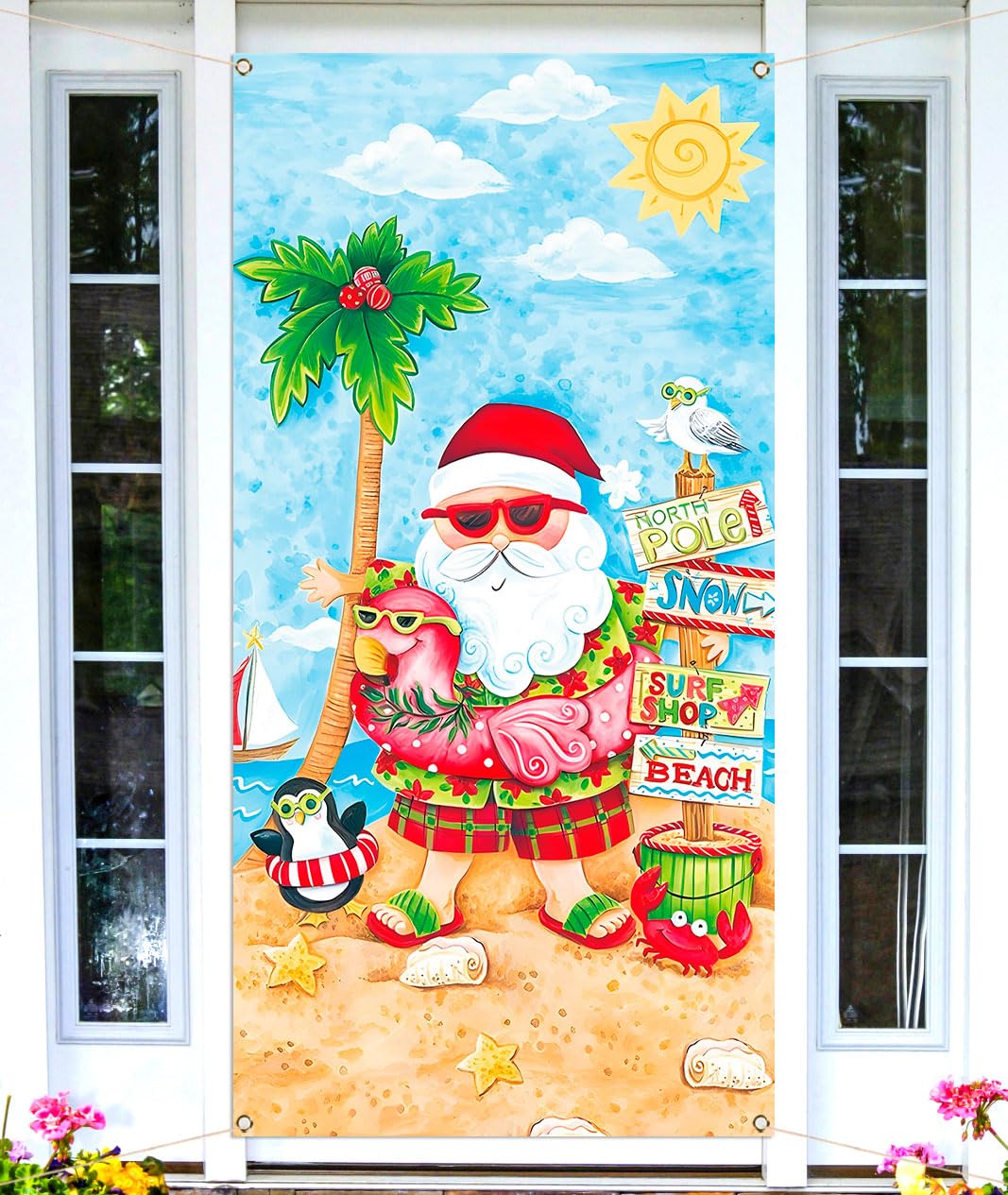 Sunwer Christmas July Door Cover Tropical Summer Beach Hawaiian Themed Party Decoration Santa Palm Tree Front Porch Sign Backdro