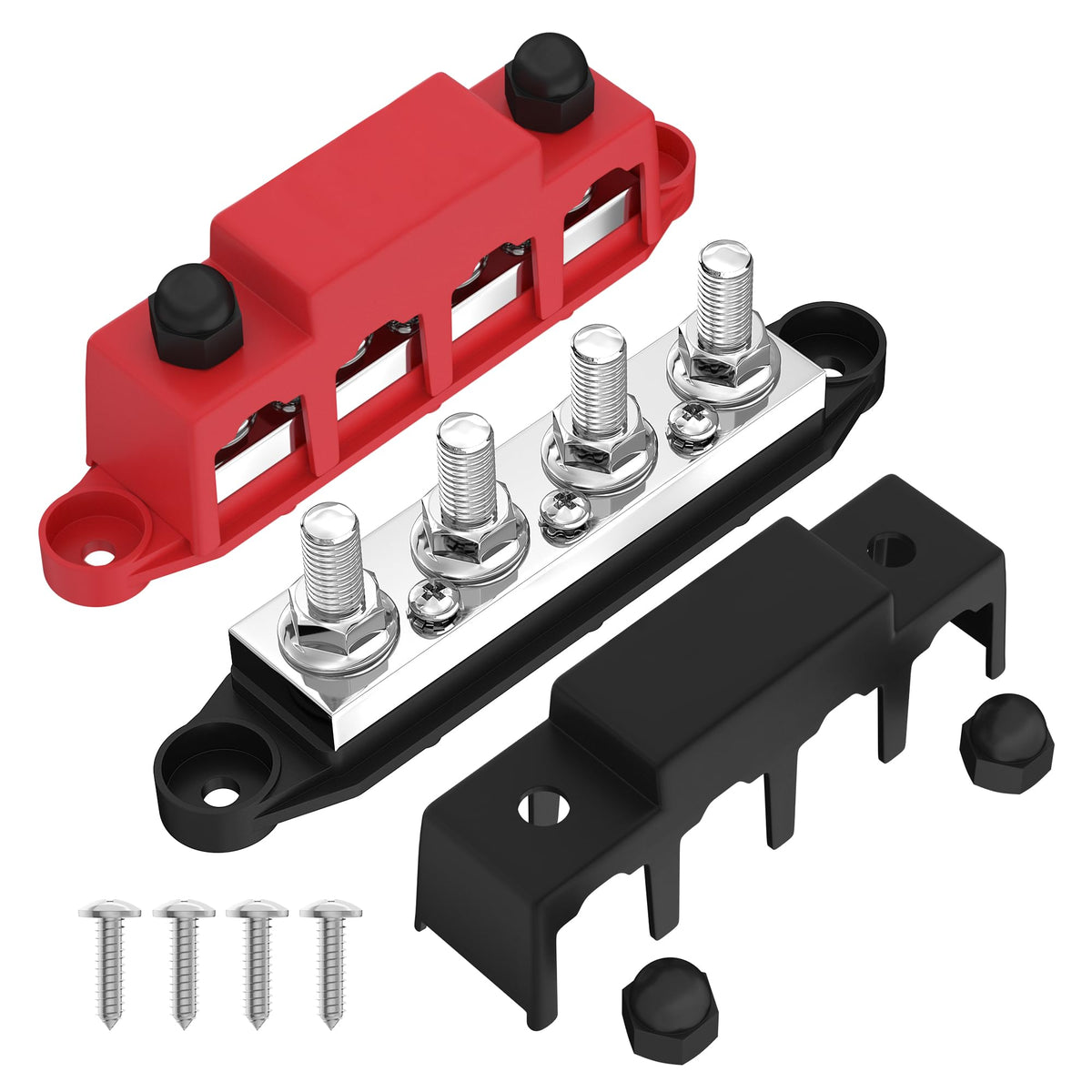 Joinfworld 400A Bus Bar 12V Power Distribution Block With 4 X 3/8' Studs 12 Volt Marine Copper Battery Busbar Terminal Block For Car, Boat, Automotive, Rv, Solar Wiring   Negative&Positive