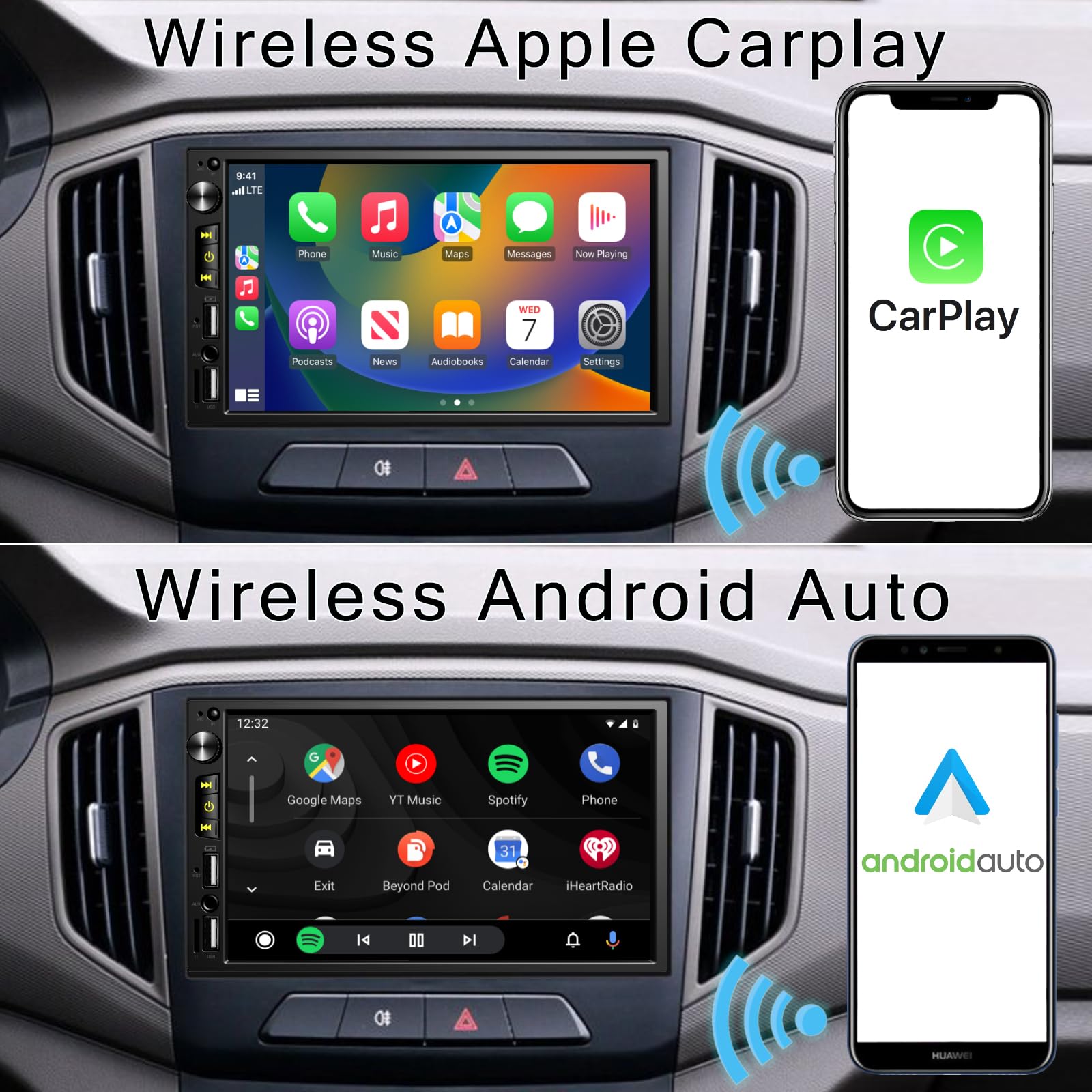 Wireless 7 Inch Double Din Car Stereo With Apple Carplay,Car Bluetooth Fm Car Radio,Backup Camera For Car,Hd 1024 * 600 Touch Sc