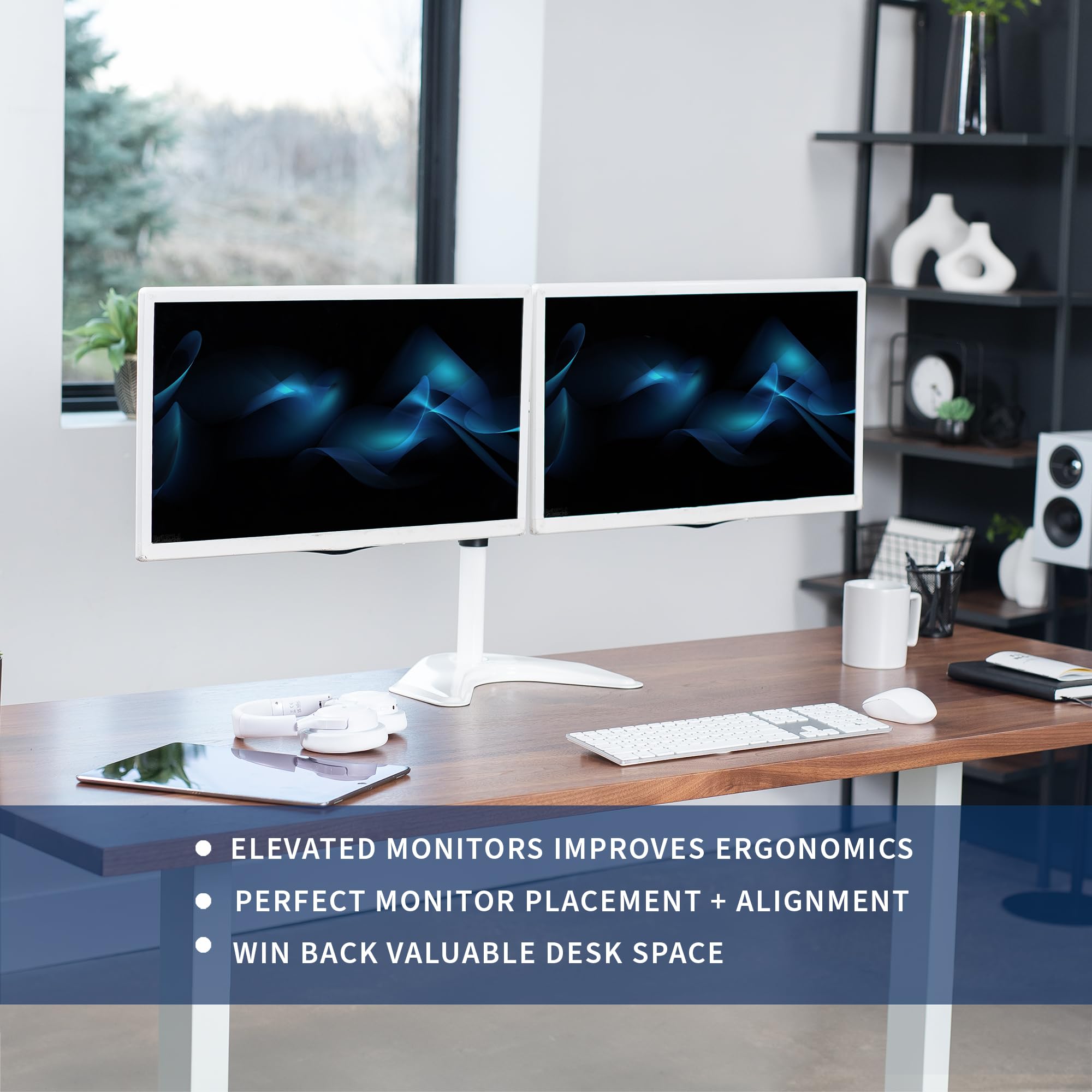 VIVO Dual LED LCD Monitor Mount, Free Standing Desk Stand for 2 Screens up to 27 Inch, Fully Adjustable Arms with Max VESA 100x100mm, Extra Large Base, White, STAND V002FW