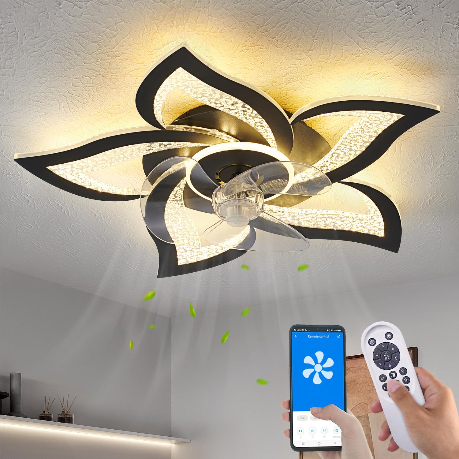 Yfrest Ceiling Fan With Lights Remote Control, Black Personalized Ceiling Fan With Light, 6 Speeds 3 Light Color Flush Mount Cei