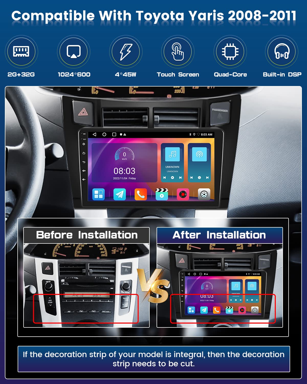 Roinvou 2+32G Android Carplay Stereo For 2006 2011 Toyota Yaris, 9'' Touch Screen In Dash Gps Navigation With Built In Wireless