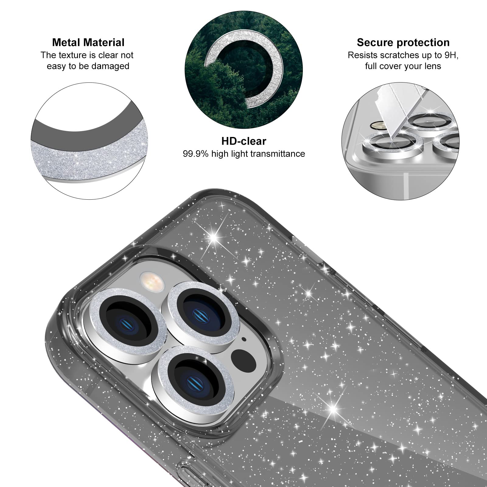 Jasmeas Design For Iphone 13 Pro Max Case Glitter, With [2 Pack] Screen Protector & [3 Pack] Camera Lens Protector Sparkle Pc Ha