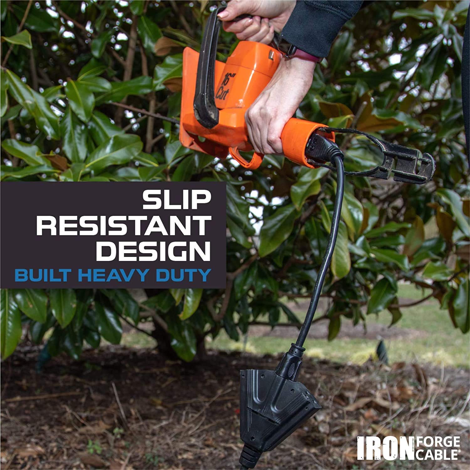 Iron Forge Cable 2 Pack Of 25 Ft Outdoor Extension Cords With 3 Electrical Power Outlets   16/3 Sjtw Durable Black Cable With 3