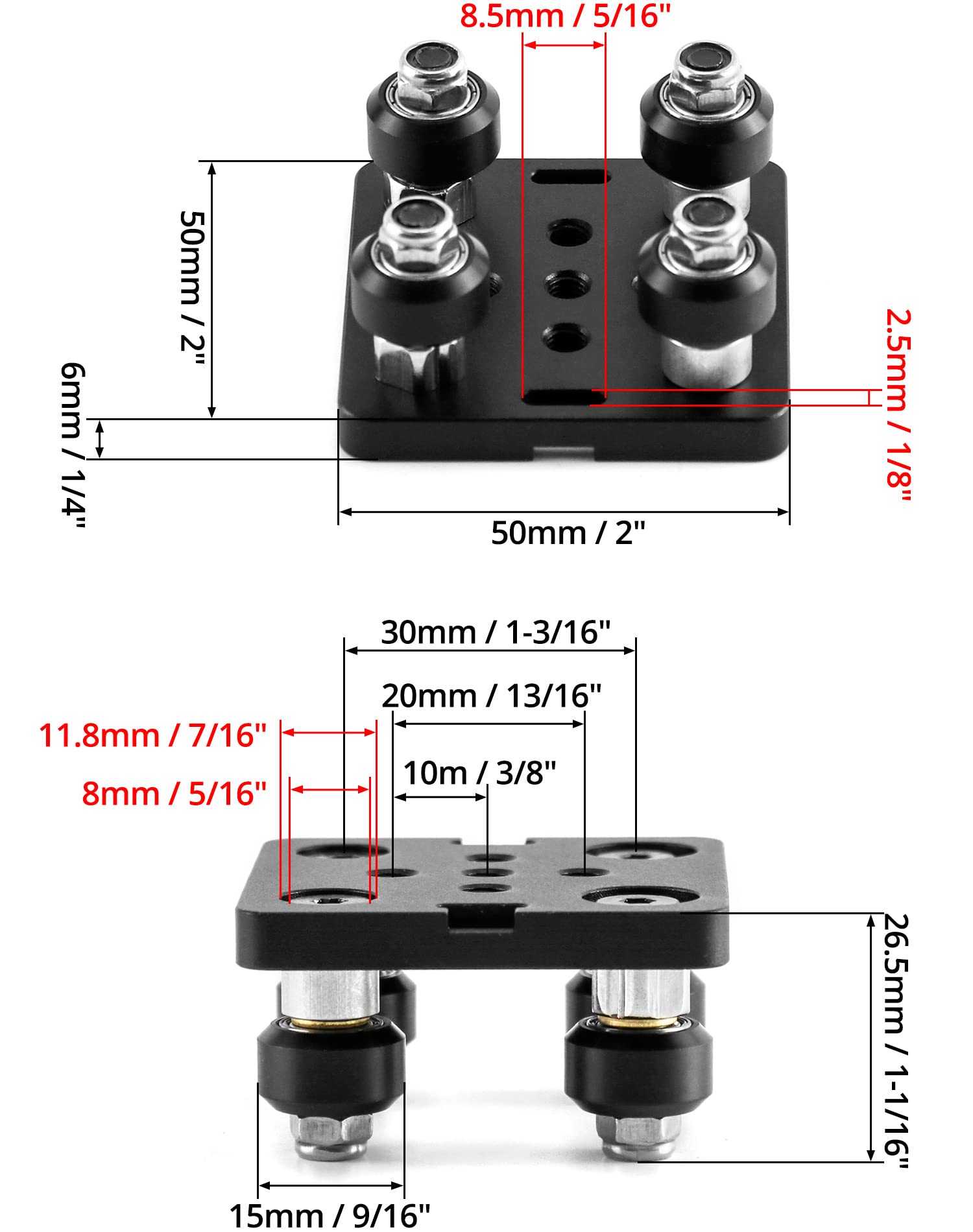 Qwork Small V Wheel Plate, 2 Pack V Slot Gantry Rod Plate With Wheel, For 2020 Aluminum Profile, Cnc And 3D Printer Parts Black