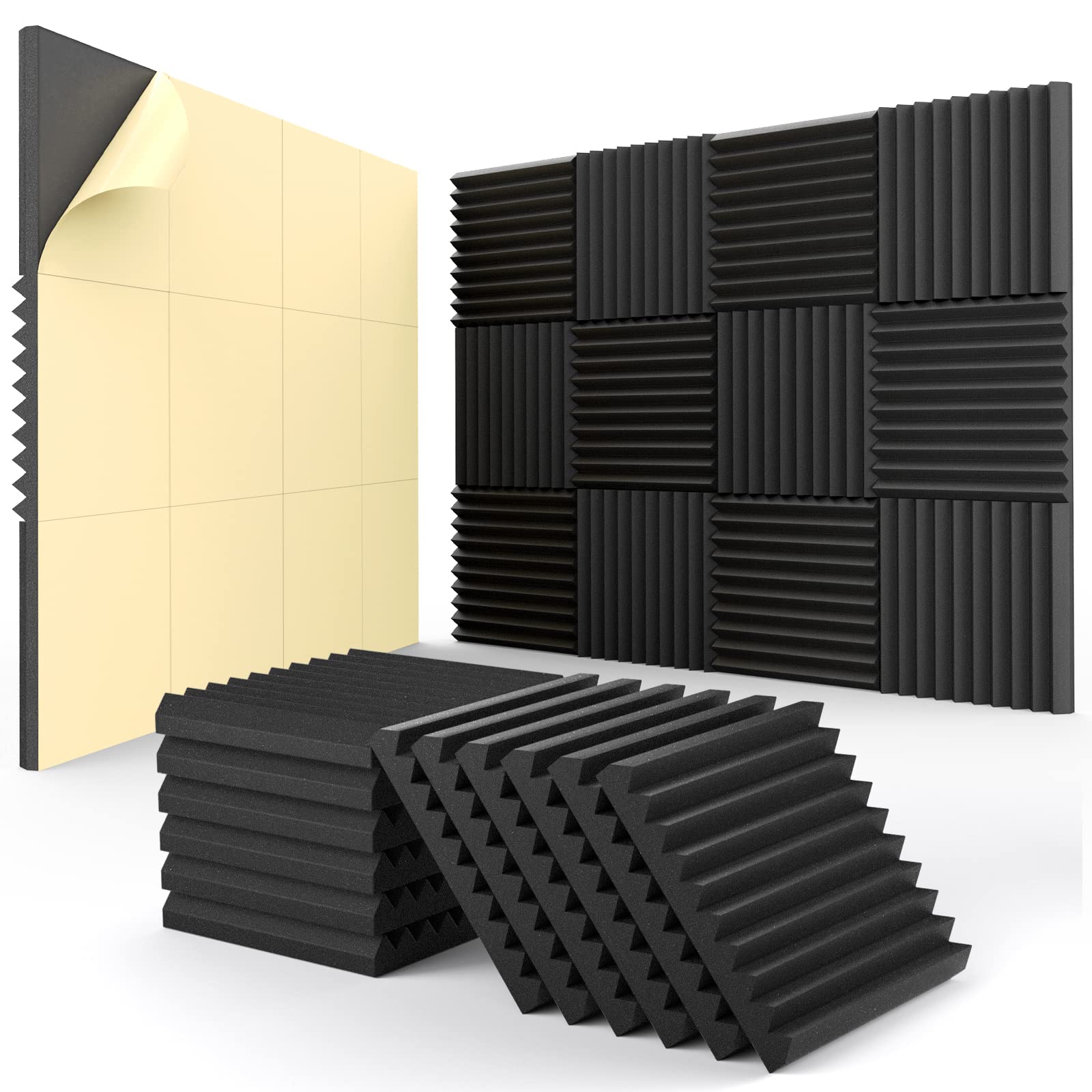 12 Pack Acoustic Panels Self Adhesive, 1'' X 12'' X 12'' Quick Recovery Sound Proof Foam Panels, Acoustic Foam Wedges High Densi