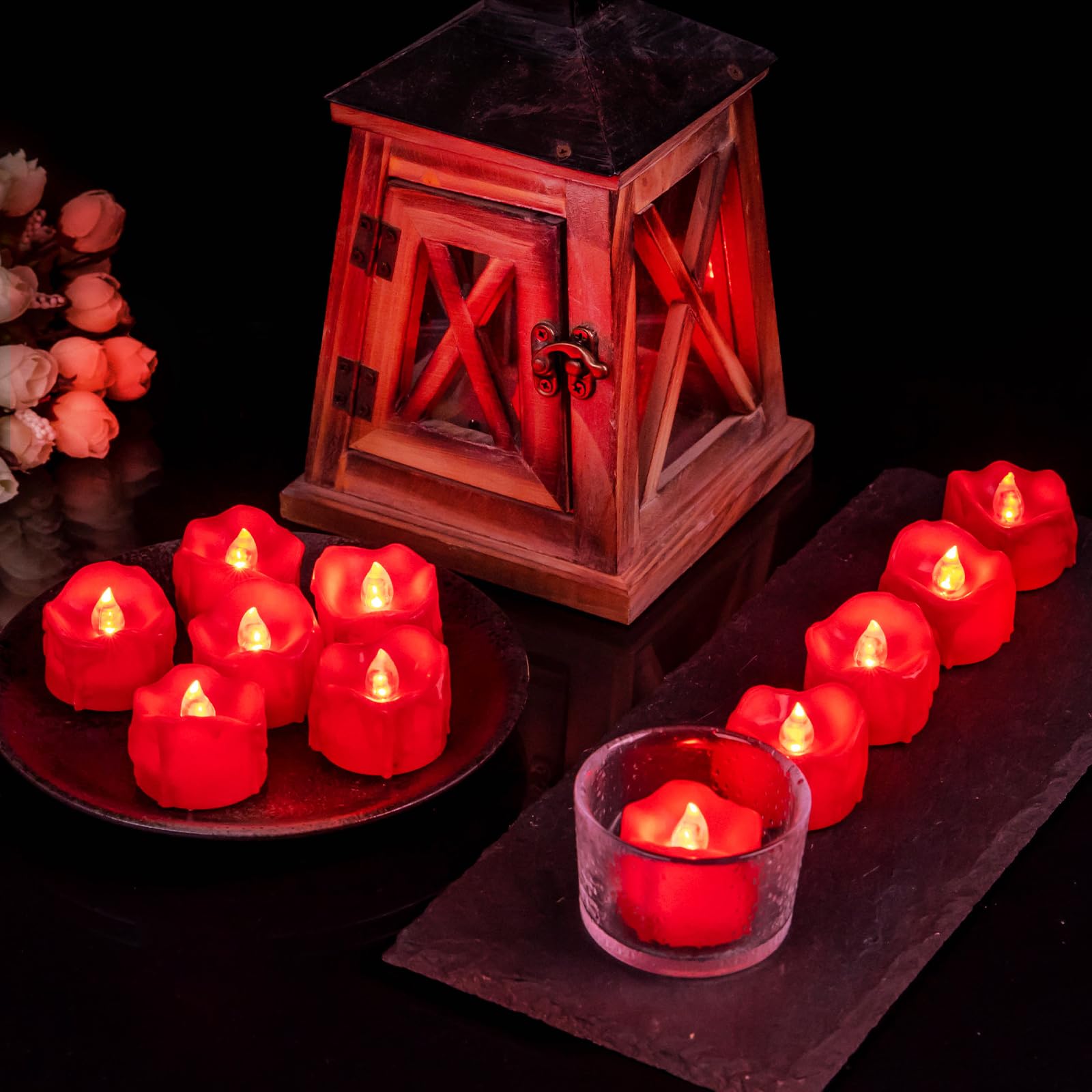Windshell Red Flickering Flame Tealight Candles With 6H Timer (No Remote), Red Led Light Source, Battery Operated Flameless Tea