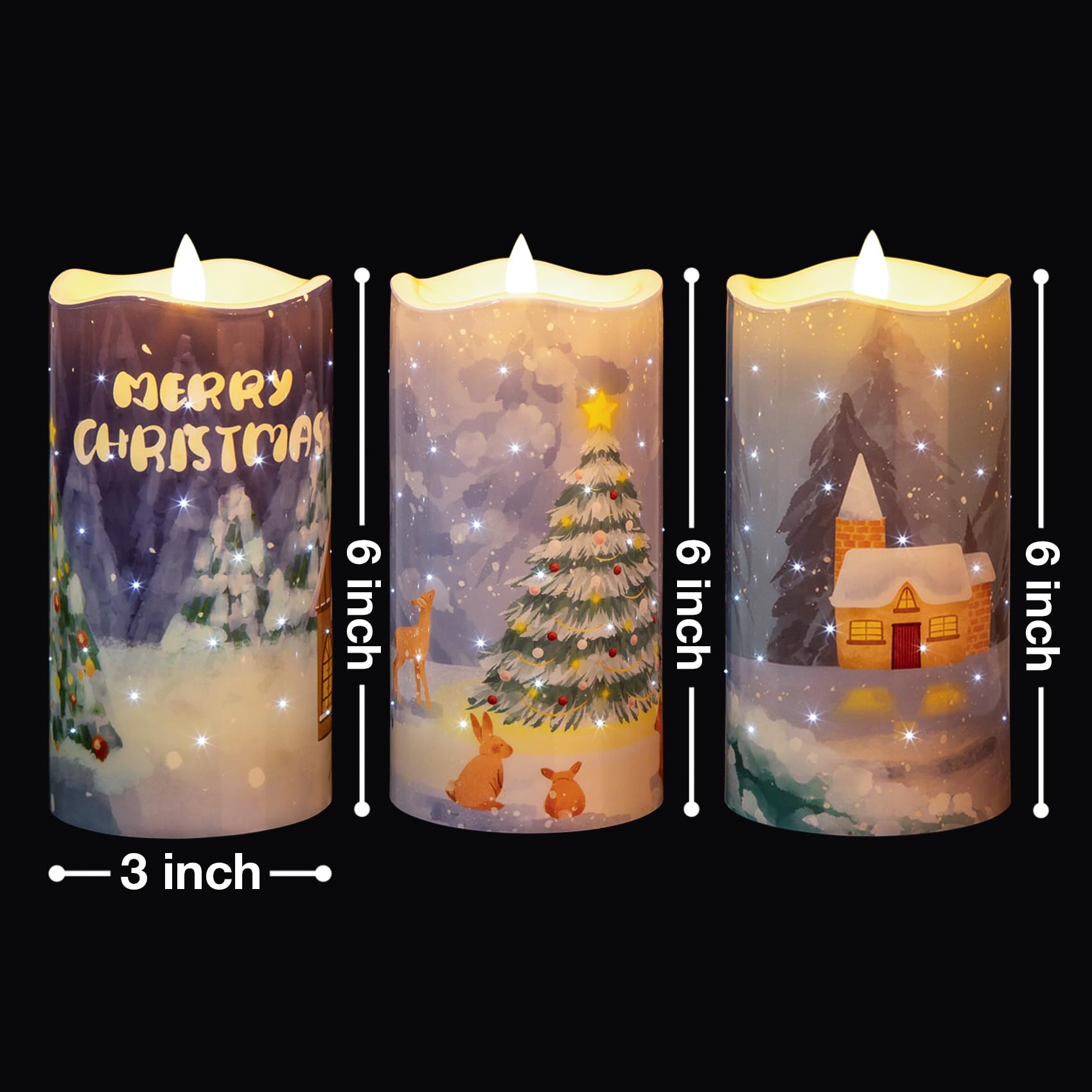 Eywamage Fiber Optic Christmas Flameless Pillar Candles With Remote, Flickering Xmas Battery Operated Led Candles Set Of 3