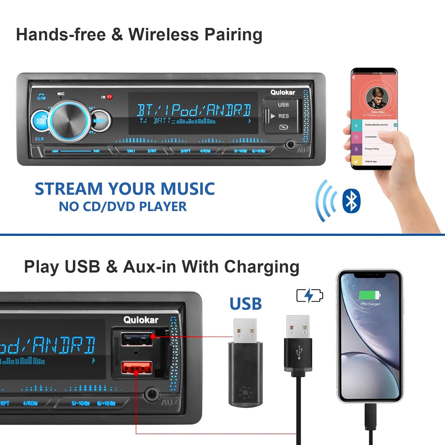 Qulokar Single Din Multimedia Car Stereo Radio,7 Character Lcd,Bluetooth With Hands Free Calling & Music Streaming,Usb Playback