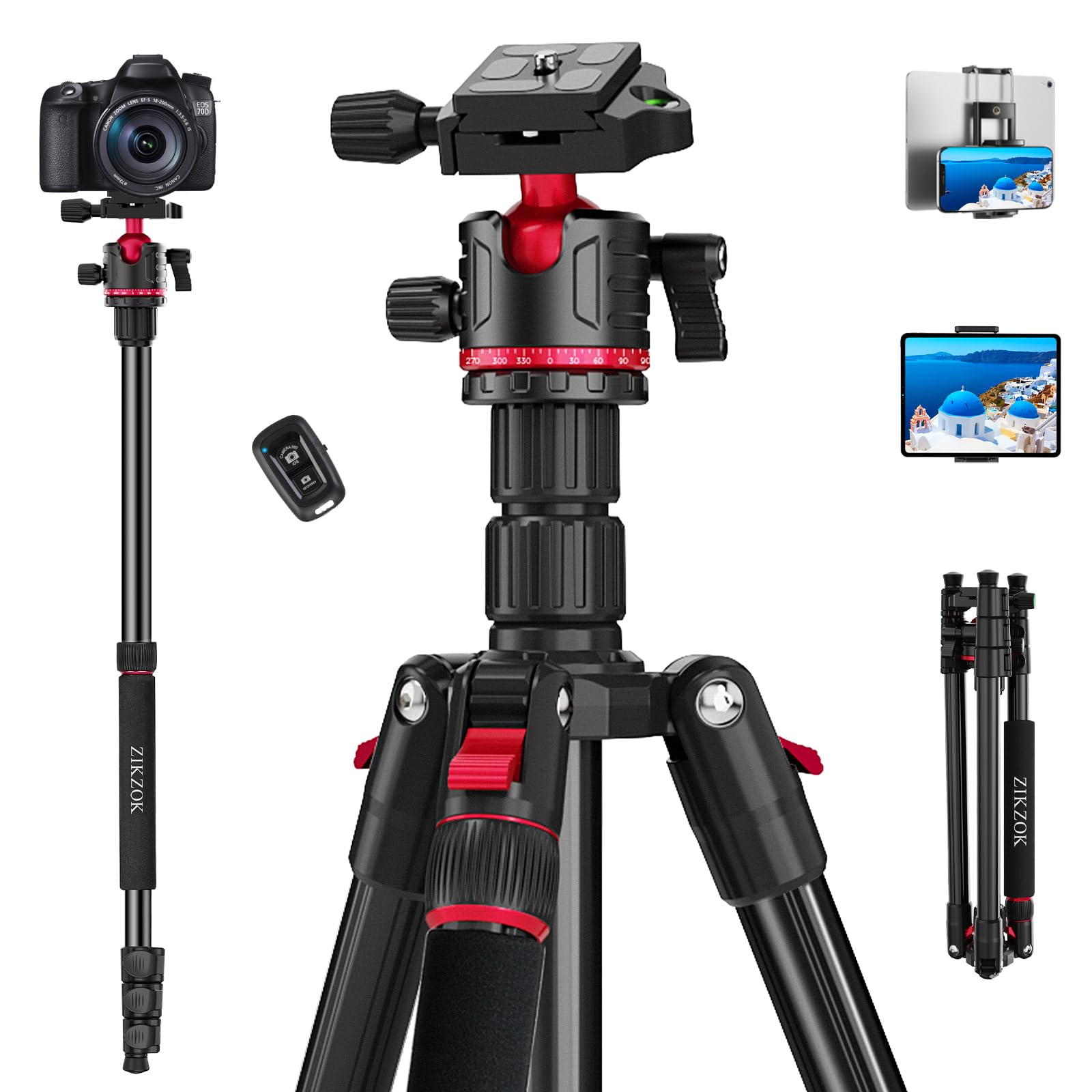 70' Tripod For Camera, Professional Aluminum Camera Tripod & Monopod With 360� Ball Head, Adjustable Lightweight Travel Tripod For Phone,Dslr,Tablet With Carry Bag