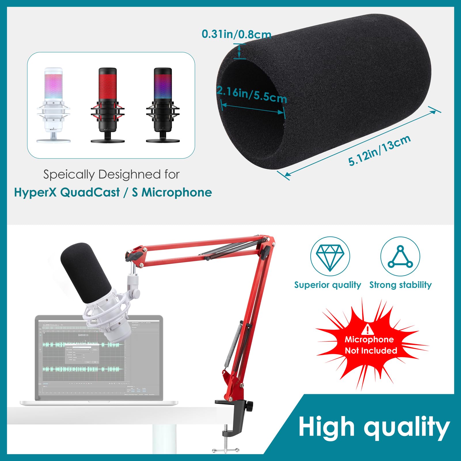 Red Mic Arm Compatible With Hyperx Quadcast S   Premium Quadcast S Microphone Boom Arm For Gaming, Streaming By Youshares