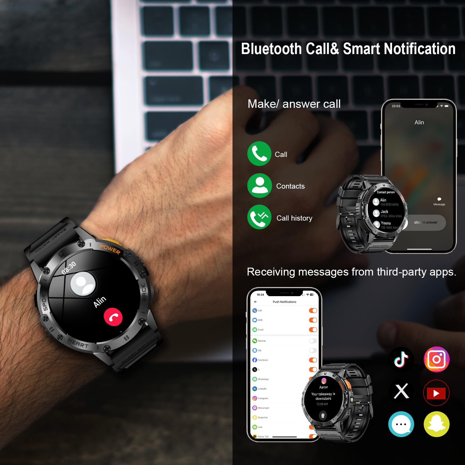 Tiwain Military Smart Watches For Men With Flashlight, 170+ Sport Modes 1.43  Amoled Screen, 530Mah Answer/Make Calls, Bluetooth