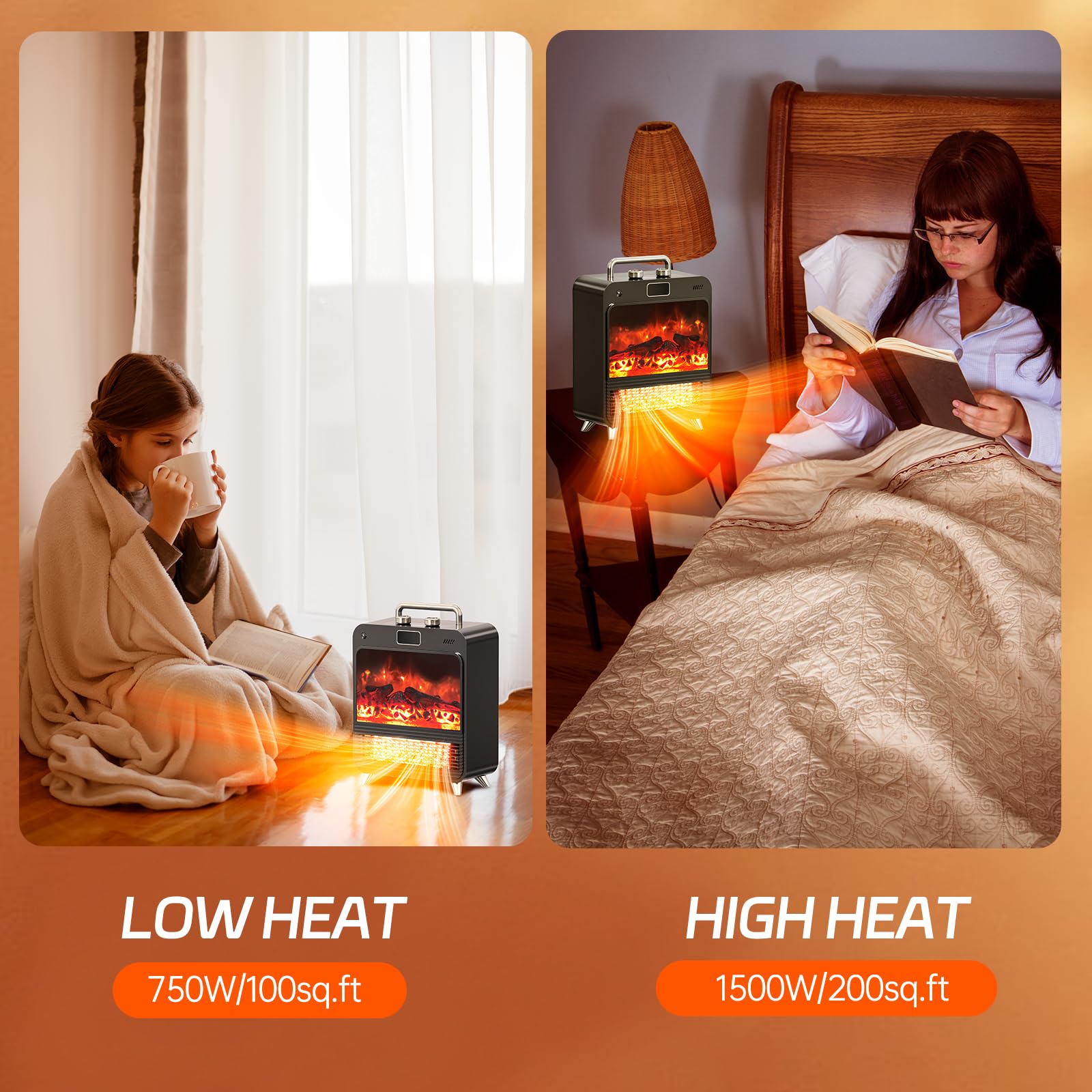 Feculs Electric Fireplace Heater, 3 In 1 Portable Fireplace Heaters For Indoor Use, 750/1500W Space Heater Indoor, Realistic 3D