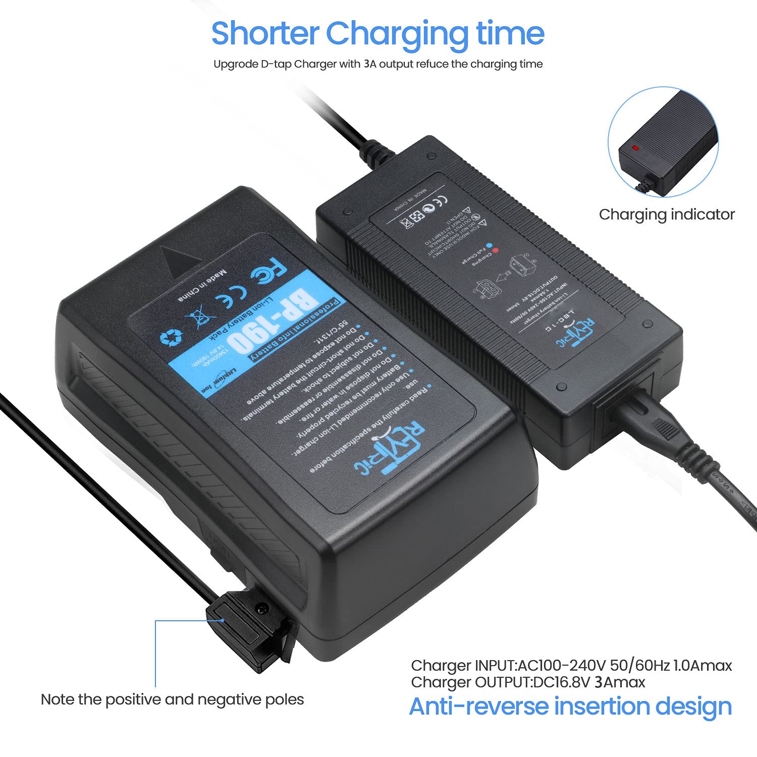 Reytric 190Wh(13400Mah) V Mount/V Lock Battery Compatible Video Camera Camcorder Broadcast Led Light With D Tap Charger