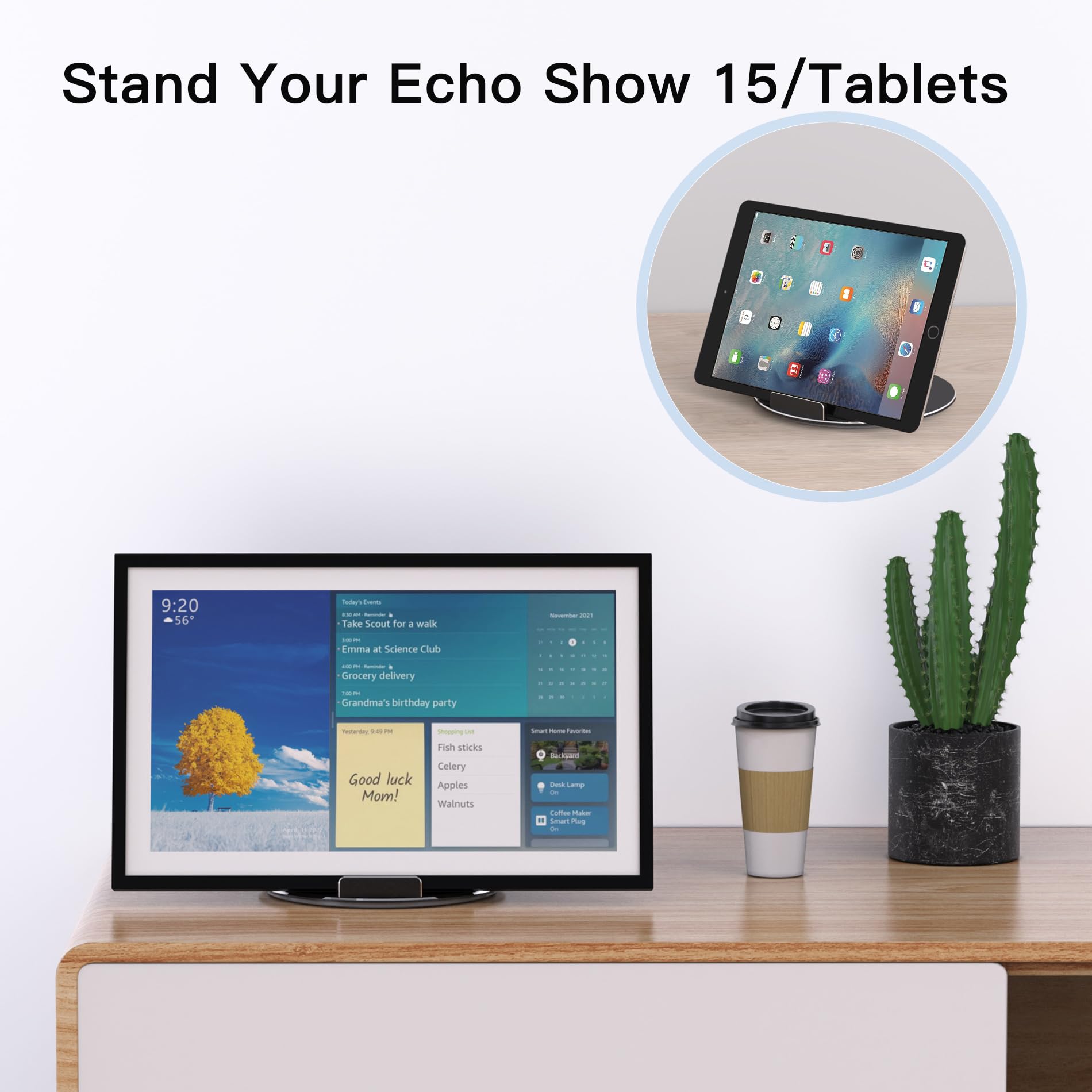 Almoz Swivel And Tilt Stand For Echo Show 15, Aluminum Stand For Show 15.6'' Smart Display And Up To 18'' Ipad/Tablets, With 360