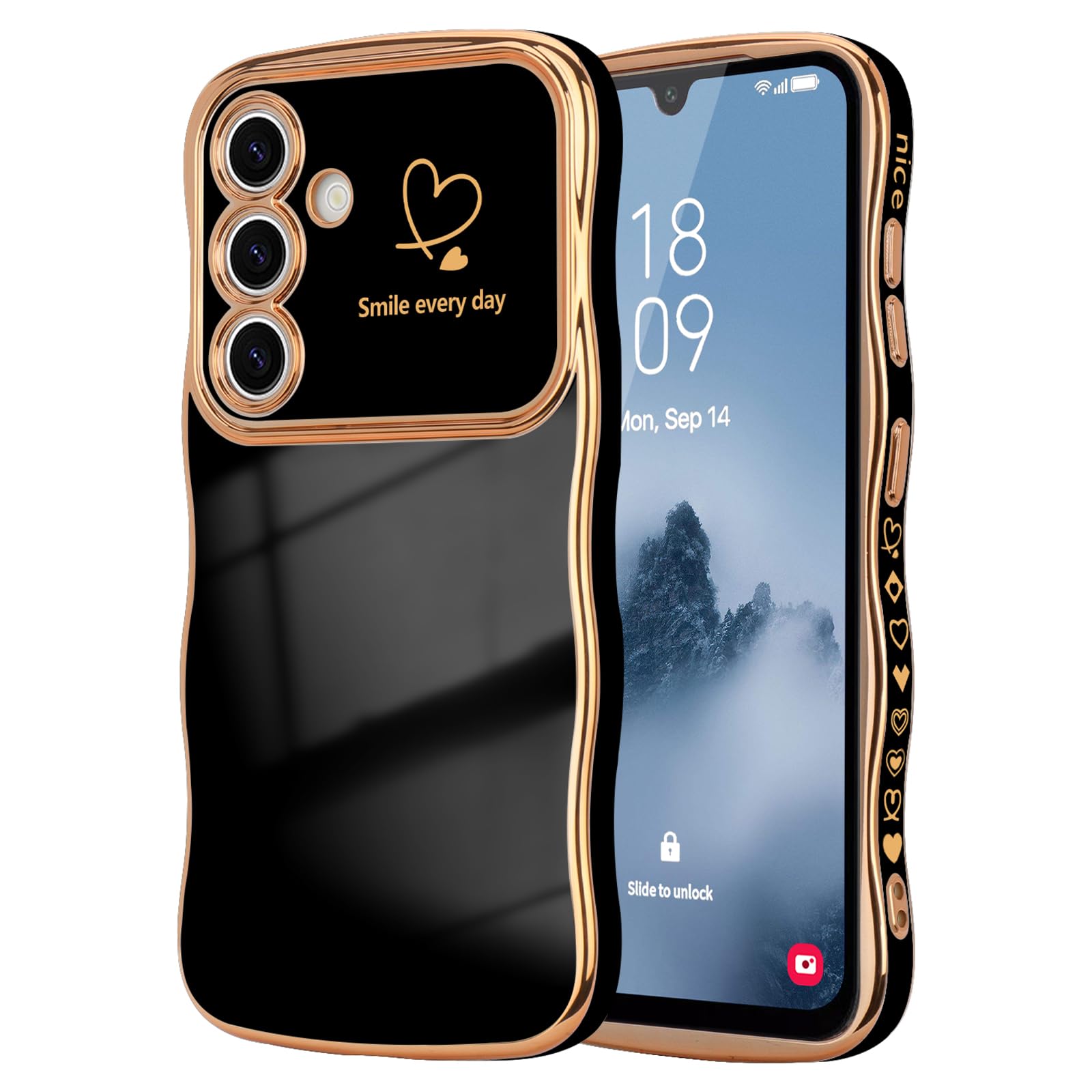 Lchulle For Samsung Galaxy A14 4G/5G Case For Women Girls, Cute Wave Frame Curly Shape With Love Heart Pattern Raised Camera Pro