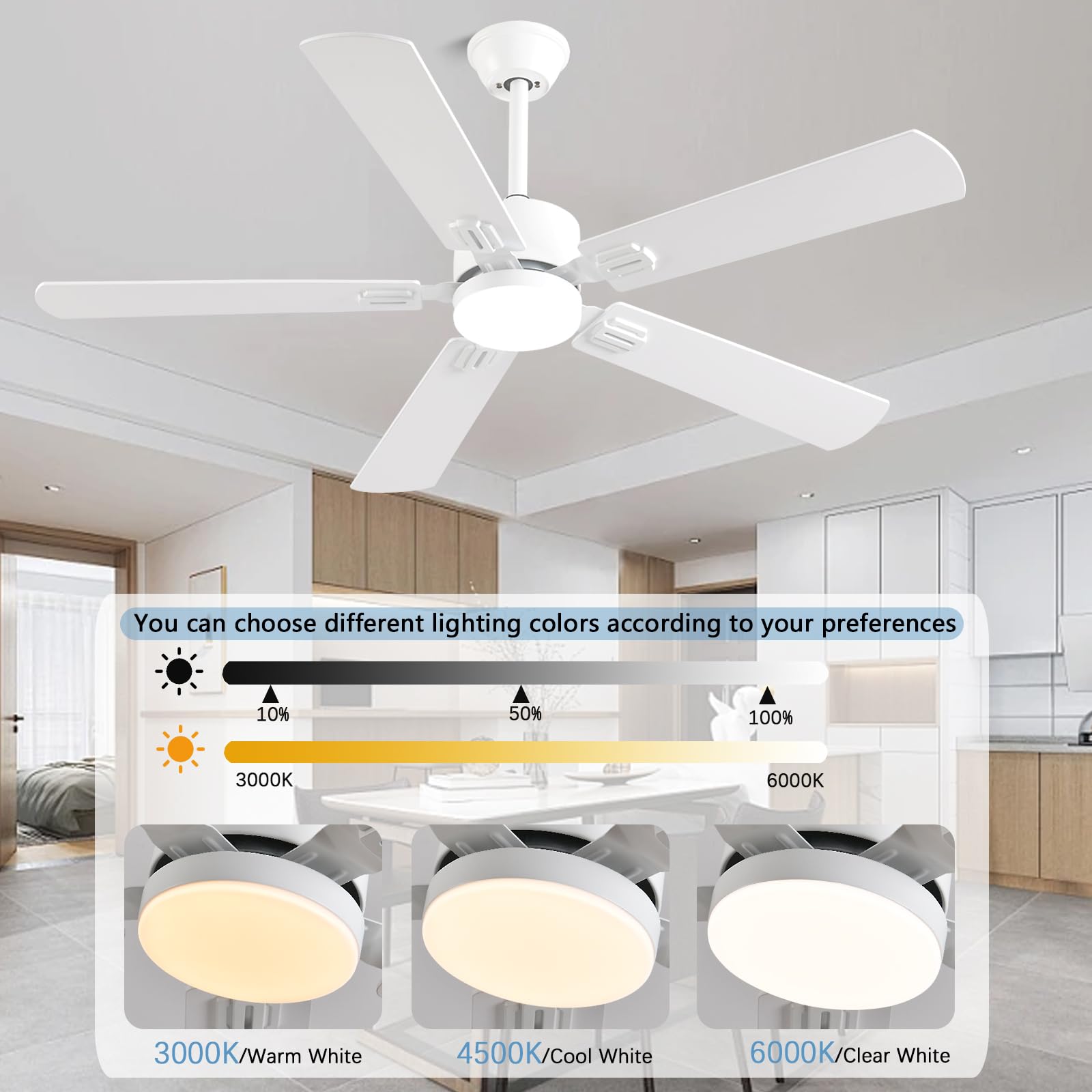 Fumltp 52 Inch Modern White Ceiling Fans With Lights App/Remote Control, Low Profile Reversible 6 Speeds Ceiling Fan Light For I