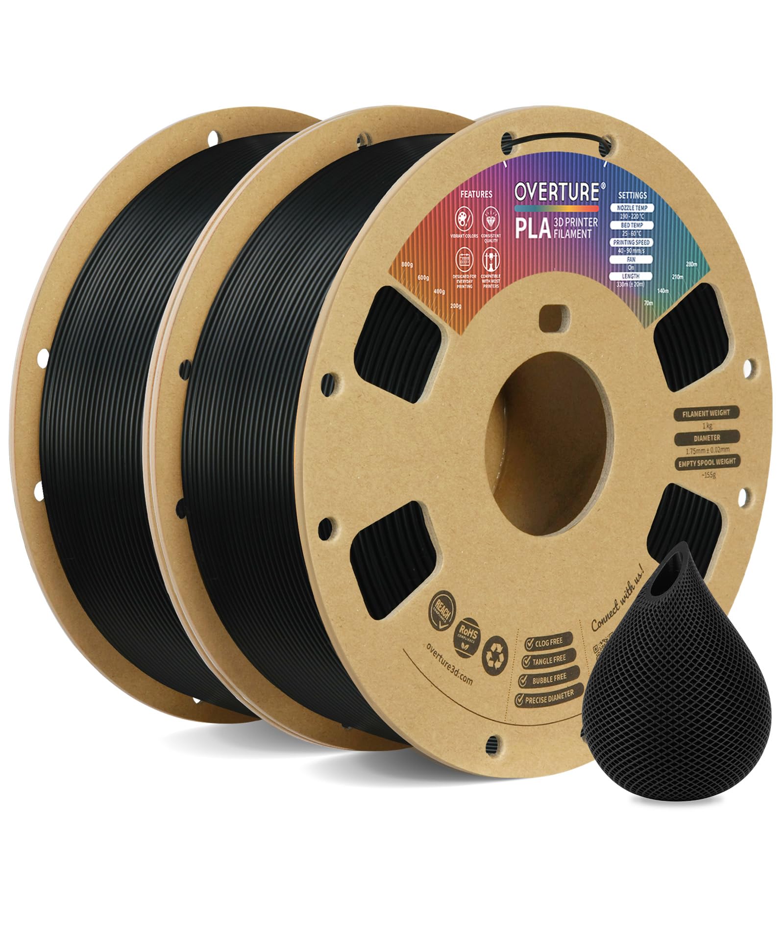 OVERTURE PLA Filament 1.75mm PLA 3D Printer Filament, 2kg Cardboard Spool (4.4lbs), Dimensional Accuracy +/- 0.02mm, Fit Most FD