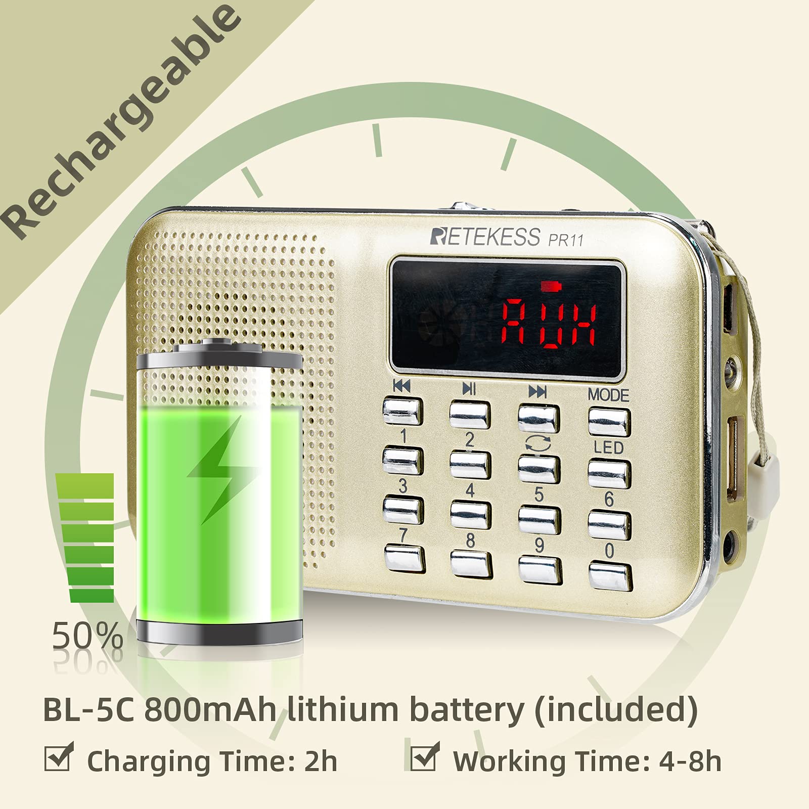 Retekess Pr11 Am Fm Radio Portable, Rechargeable Transistor Radios Small, With Headphone Jack Mp3 Music Player Speaker Support Micro Sd Card For Outdoor (Gold)