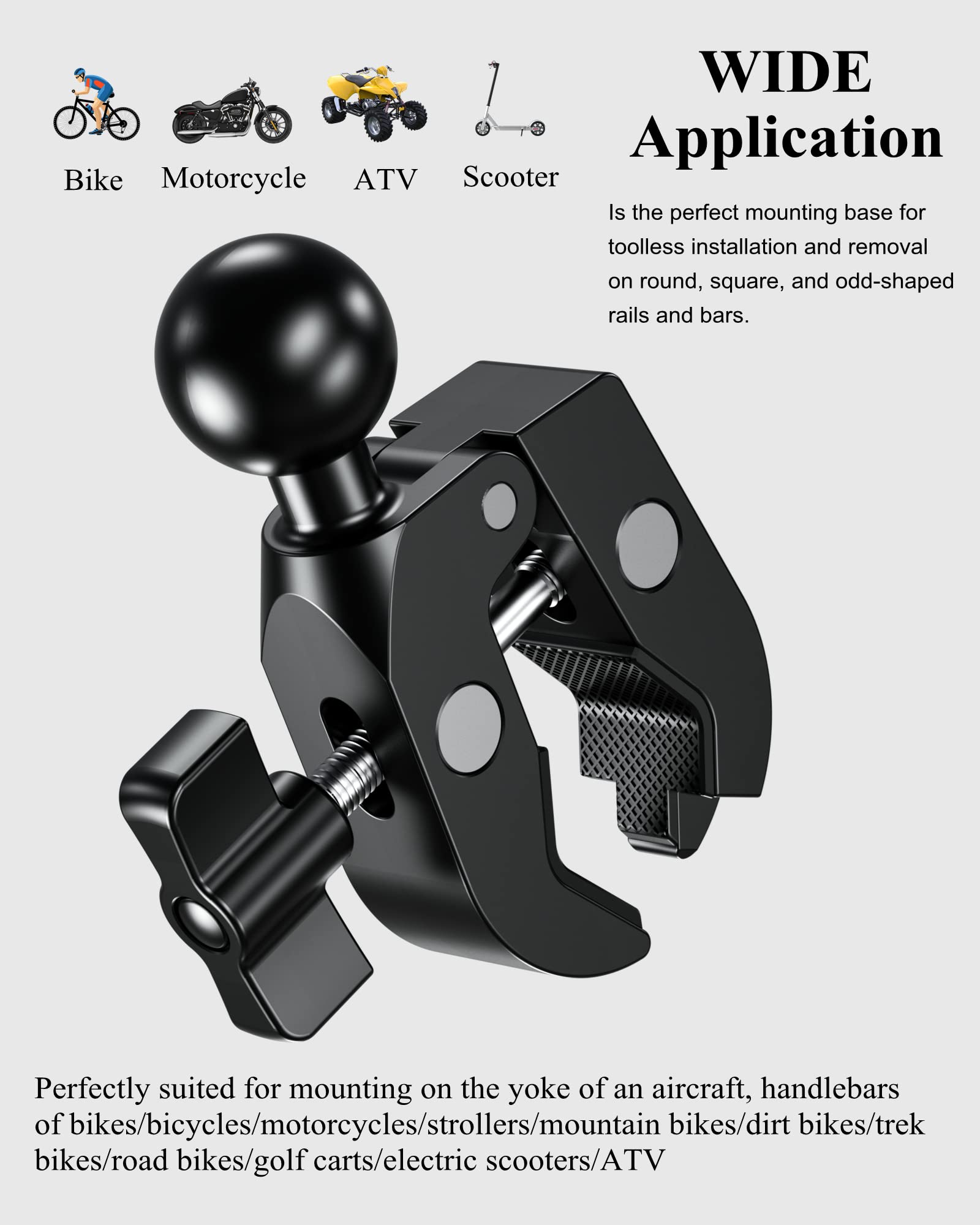 Brcovan Aluminum Alloy Handlebar Clamp Mount Base With 1'' Tpu Ball For Rails 0.5'' To 2'' In Diameter, Compatible With Ram Moun