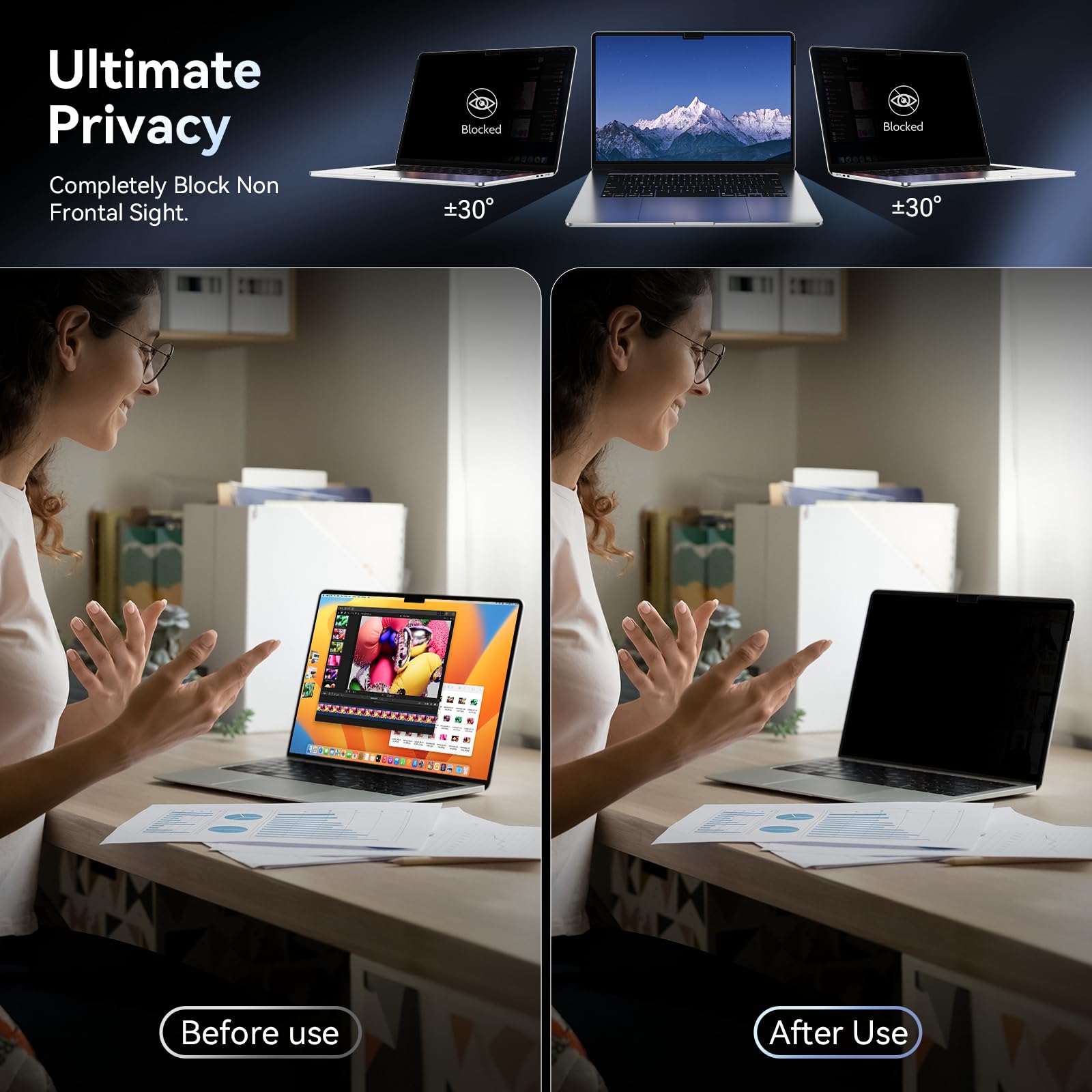 Privacy Screen Protector Compatible With Macbook Air M2 13.6 Inch (2022 Release), Easy On/Off Removable Anti Spy Blue Light Glar