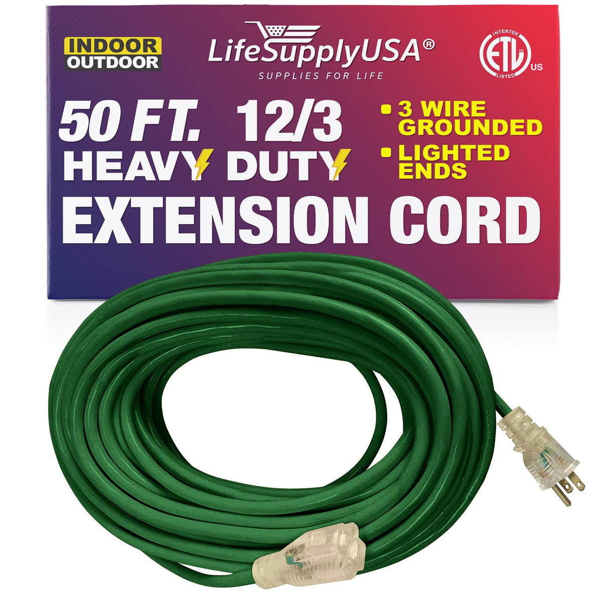 50 Ft Power Extension Cord Outdoor & Indoor Heavy Duty 12 Gauge/3 Prong Sjtw (Green) Lighted End Extra Durability 15 Amp 125 Vol