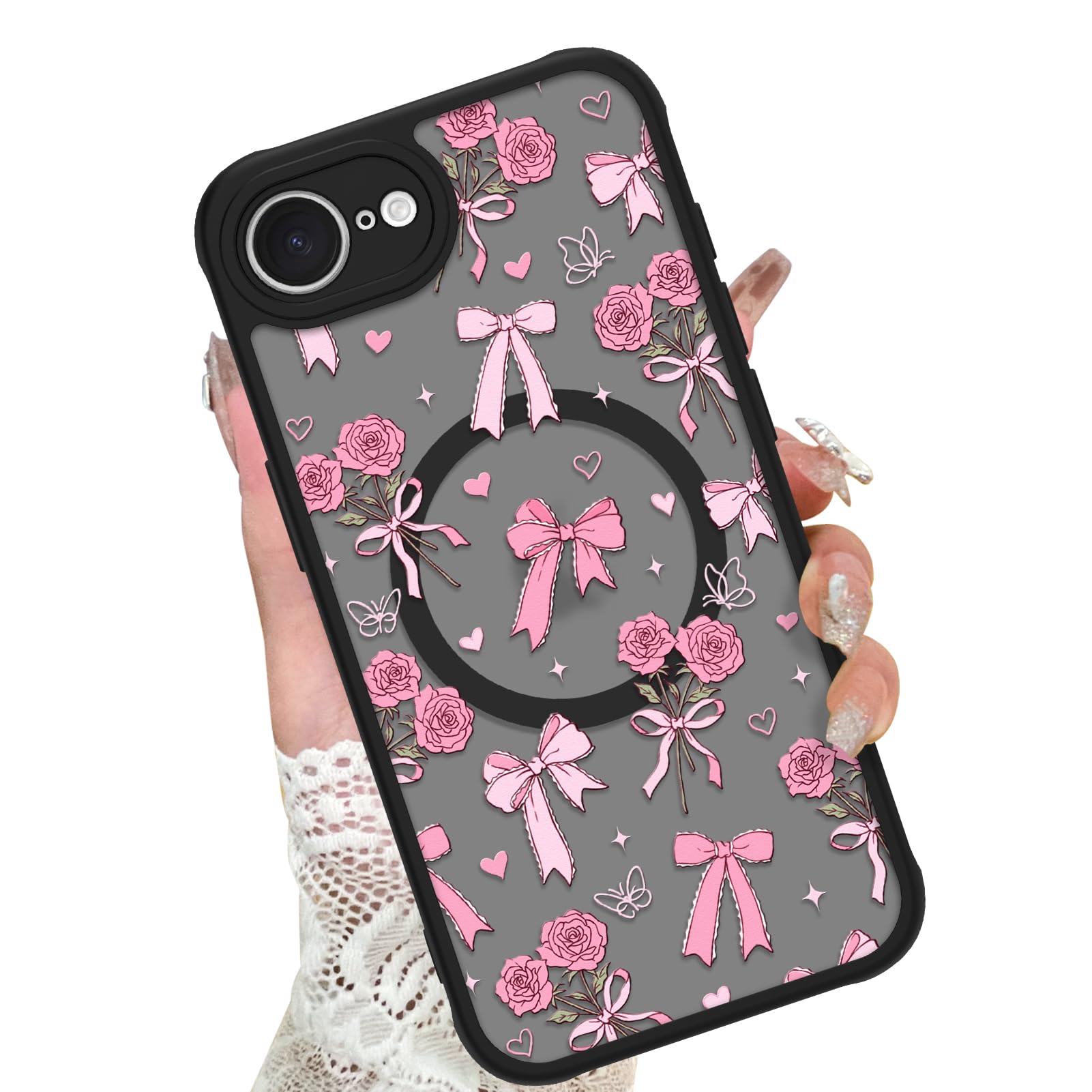 KANGHAR Case Compatible with iPhone 16e/17e Bows Bouquet Pattern [Compatible with Magsafe] Cute Flowers Florals Protective Magne