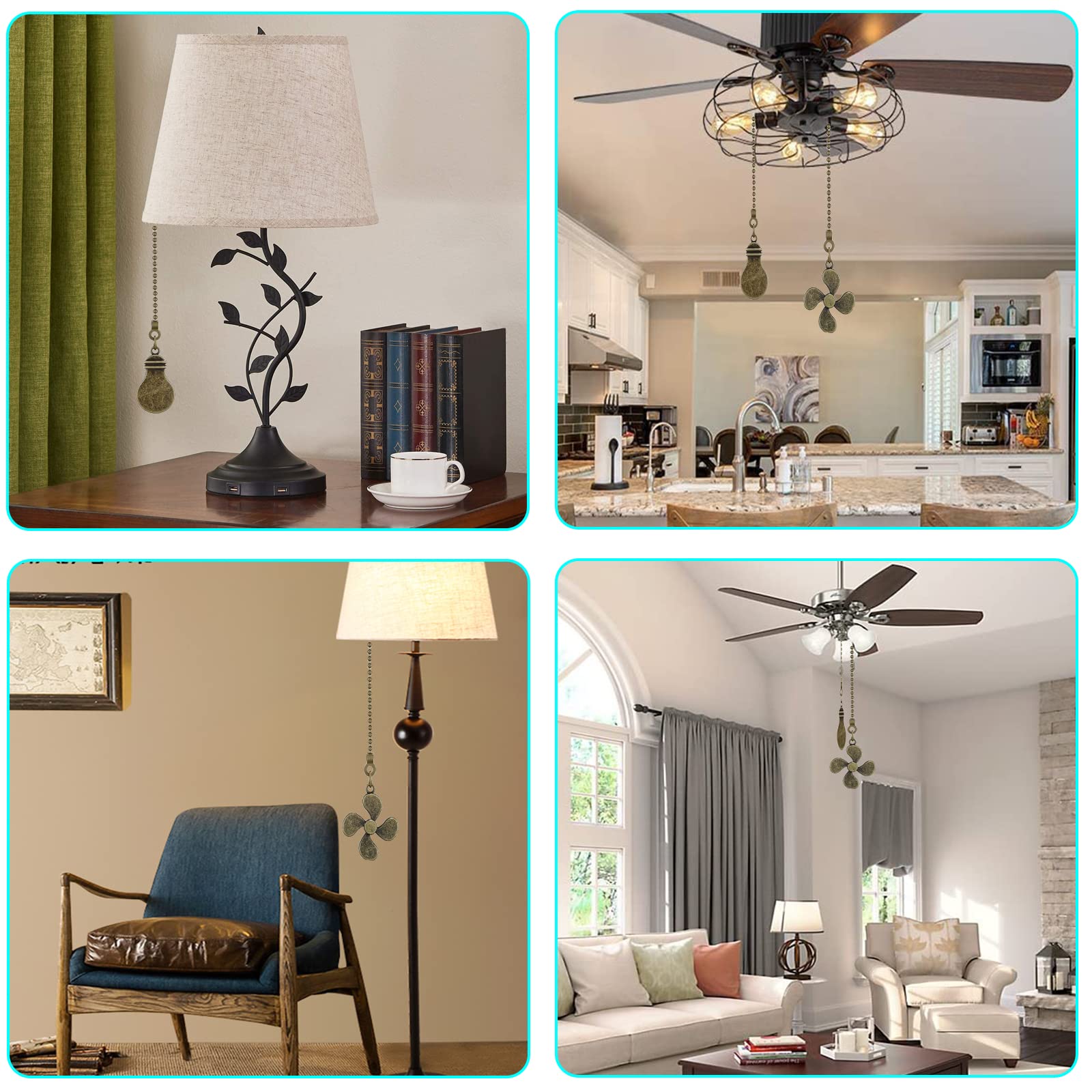 Sur Ciel 4Pcs Ceiling Fan Pull Chain, Ceiling Fan Pulls Decorative, Ceiling Fan Pull Chain Extender, Light Pull Chain Extension