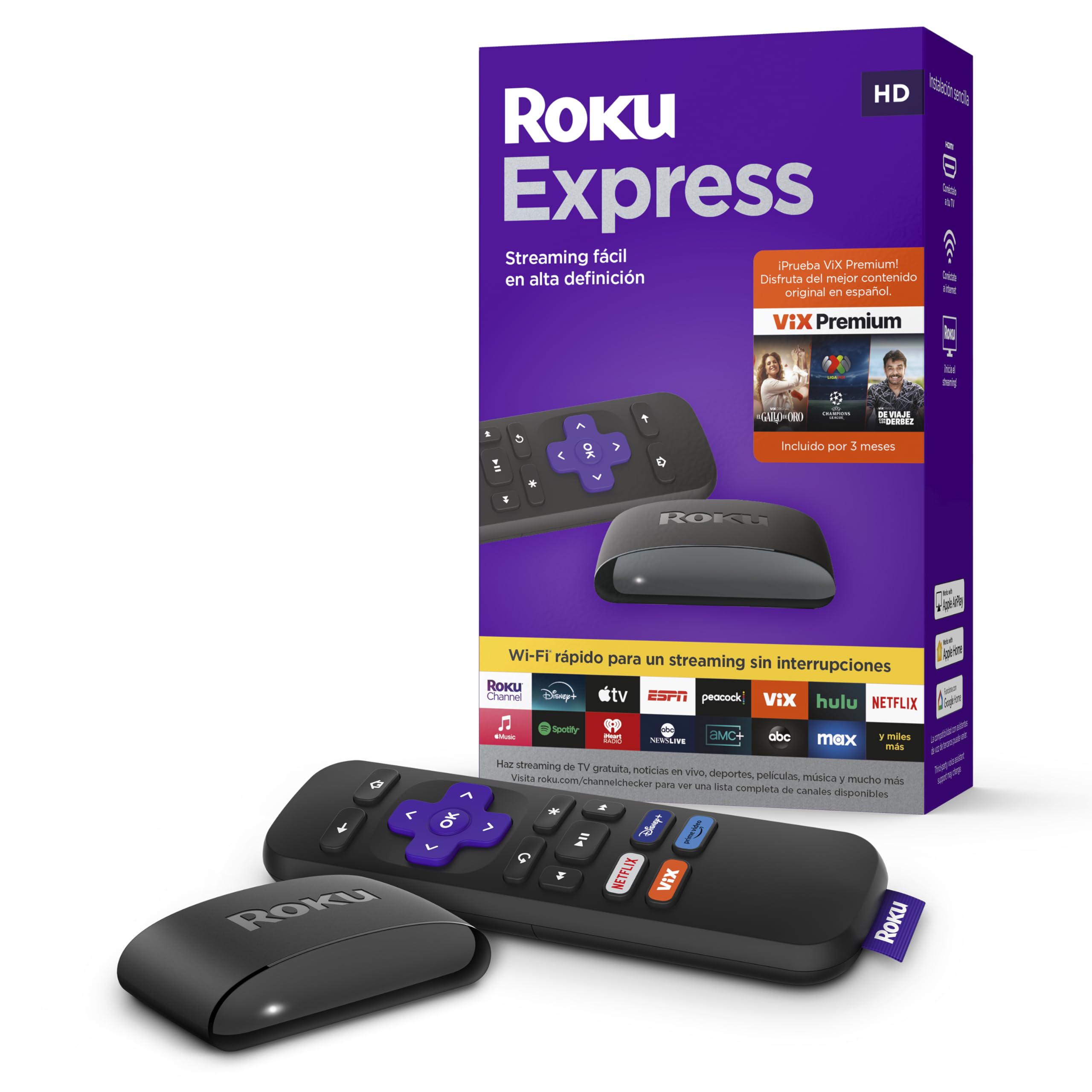 Roku Express Dispositivo De Streaming Hd Para Tv (Spanish Edition)   Con Vix Premium, Control Remoto Con Botones De Acceso R?Ido
