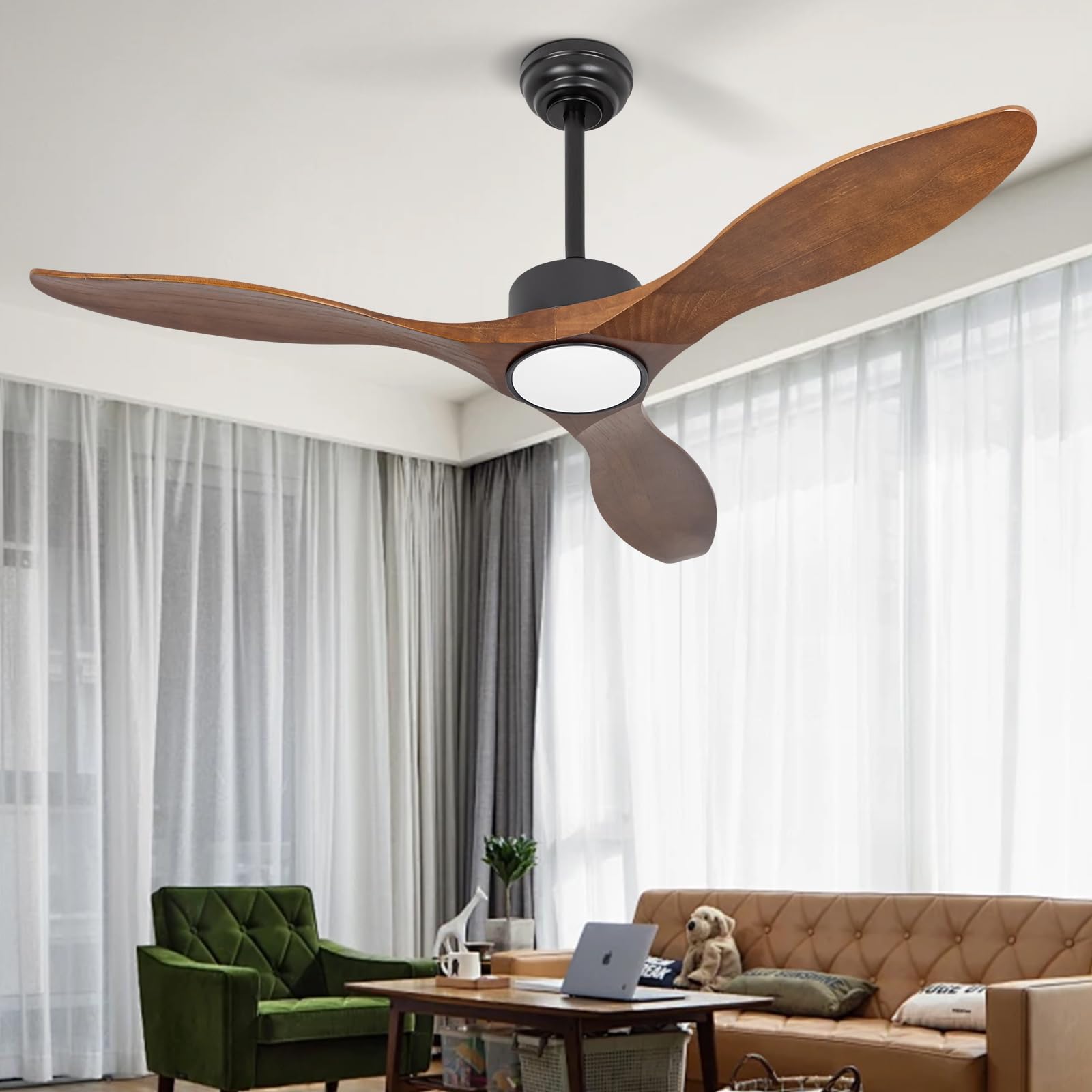 Revoici Wood Ceiling Fans With Lights Remote 52Inch Dark Brown Color Wood Fan Timing 6Speeds Silent Reversible Dc Motor Led Ligh