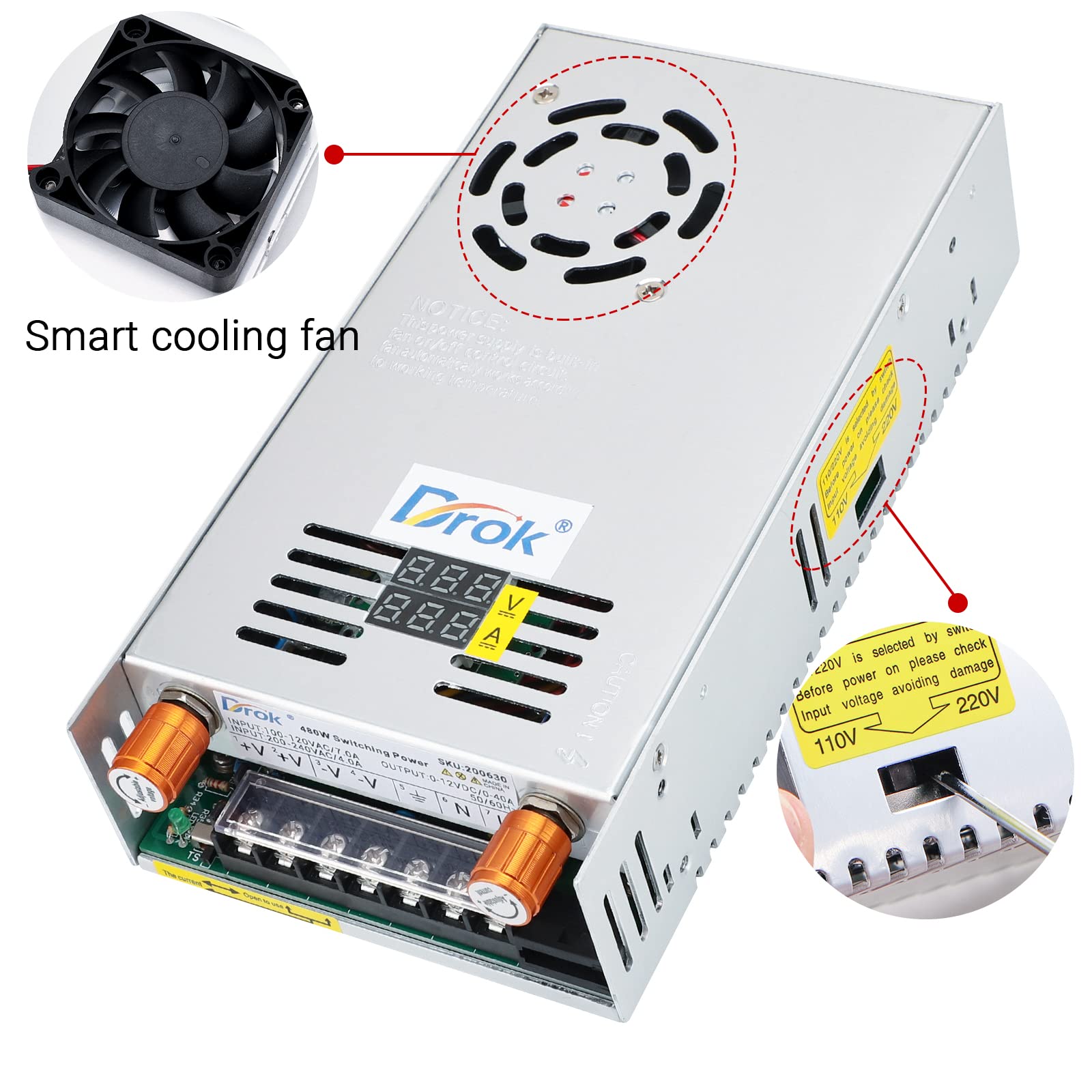 Drok 12V Power Supply, Ac 110V 220V To Dc 0 12V 0 40A 480W Buck Converter, Volt Amp Adjustable Adapter Regulated 5V 9V 12Volt Sw